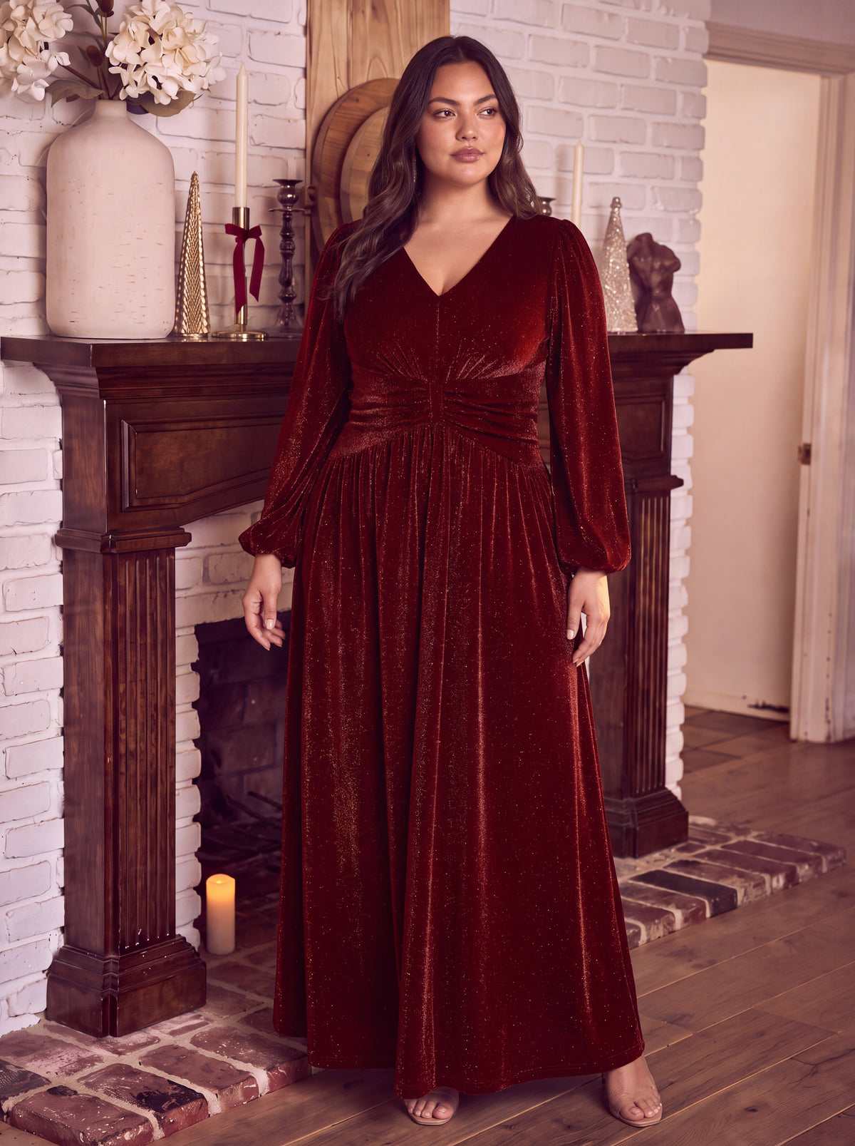 Plus Size Lurex Mesh Puff Sleeve Evening Dress #color_Burgundy