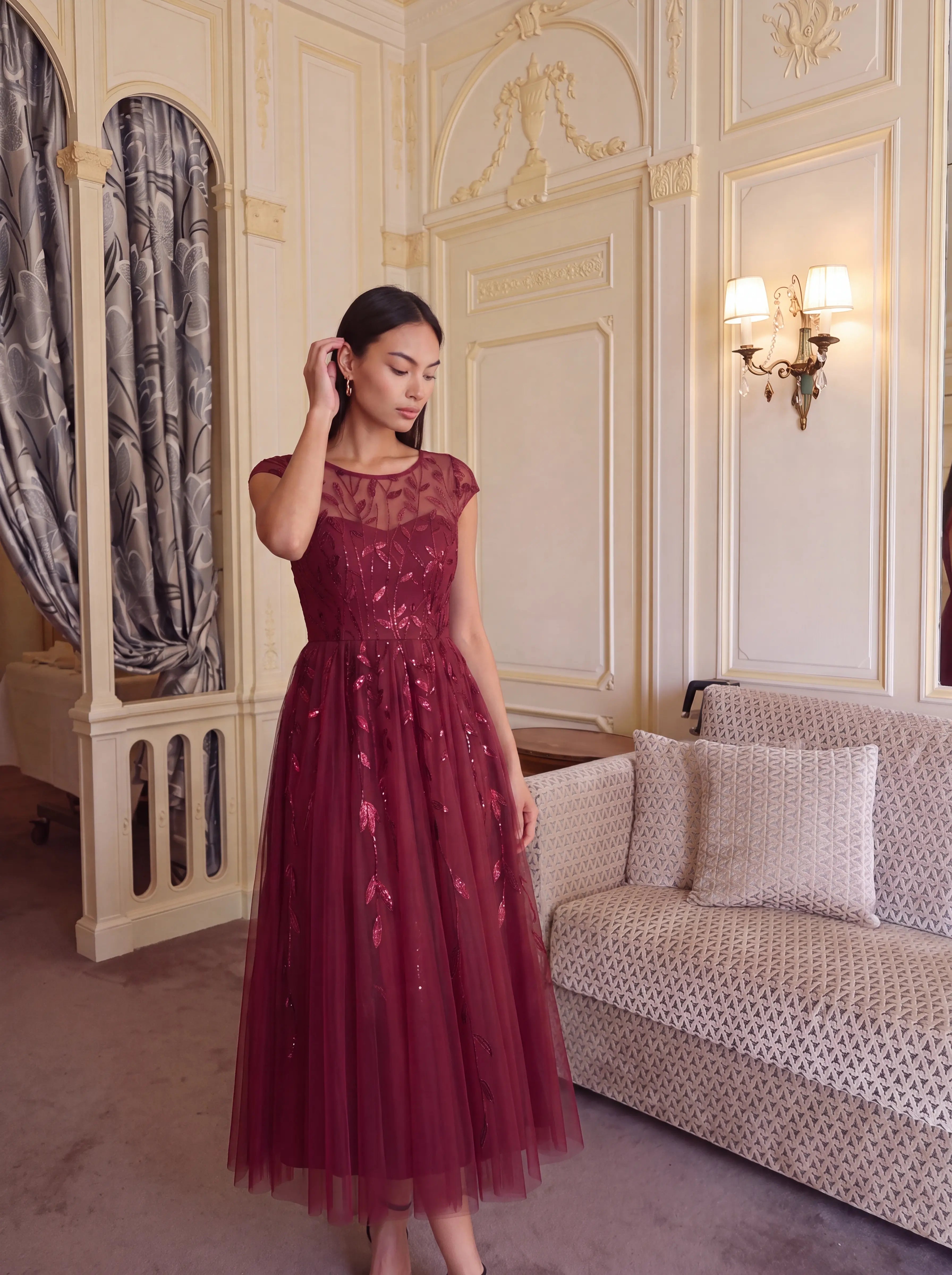 See-through Sequin Cap Sleeve Wedding Guest Dress #color_Burgundy