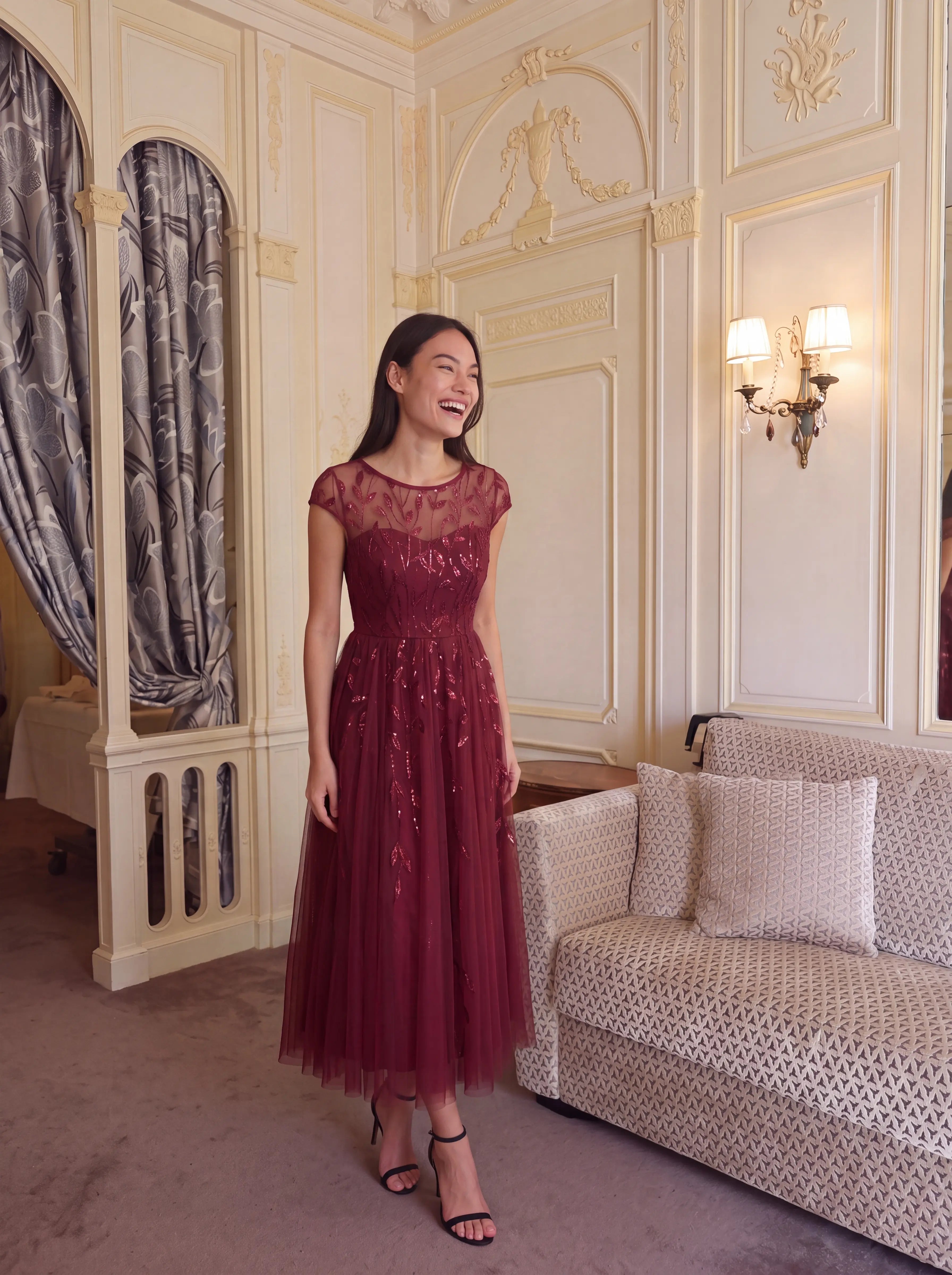See-through Sequin Cap Sleeve Wedding Guest Dress #color_Burgundy
