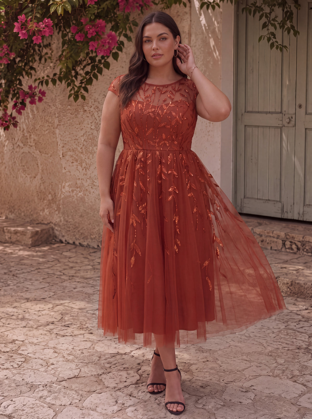 Plus Size See-through Sequin Wedding Guest Dress #color_Burnt Orange