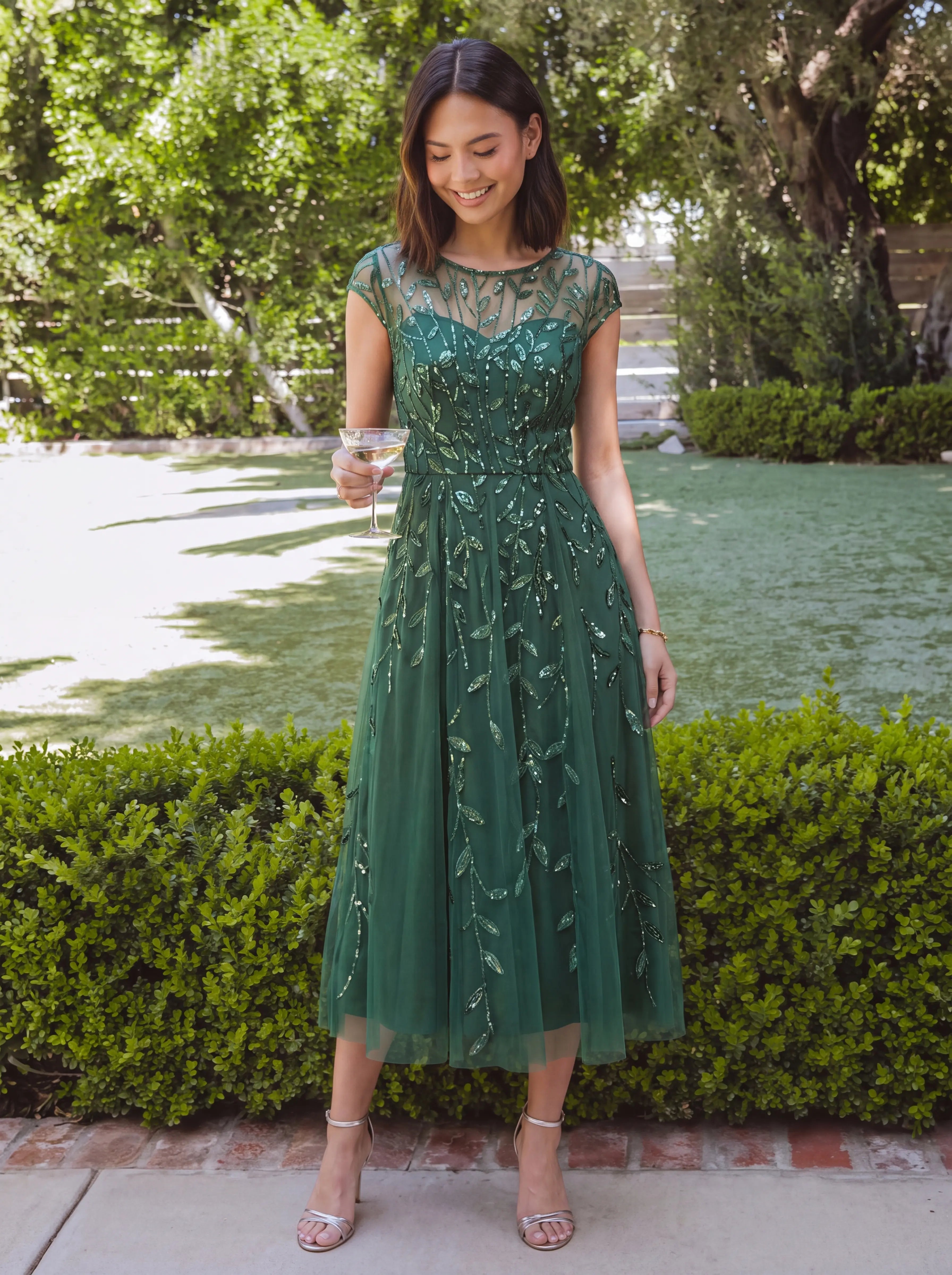 See-through Sequin Cap Sleeve Wedding Guest Dress #color_Eucalyptus