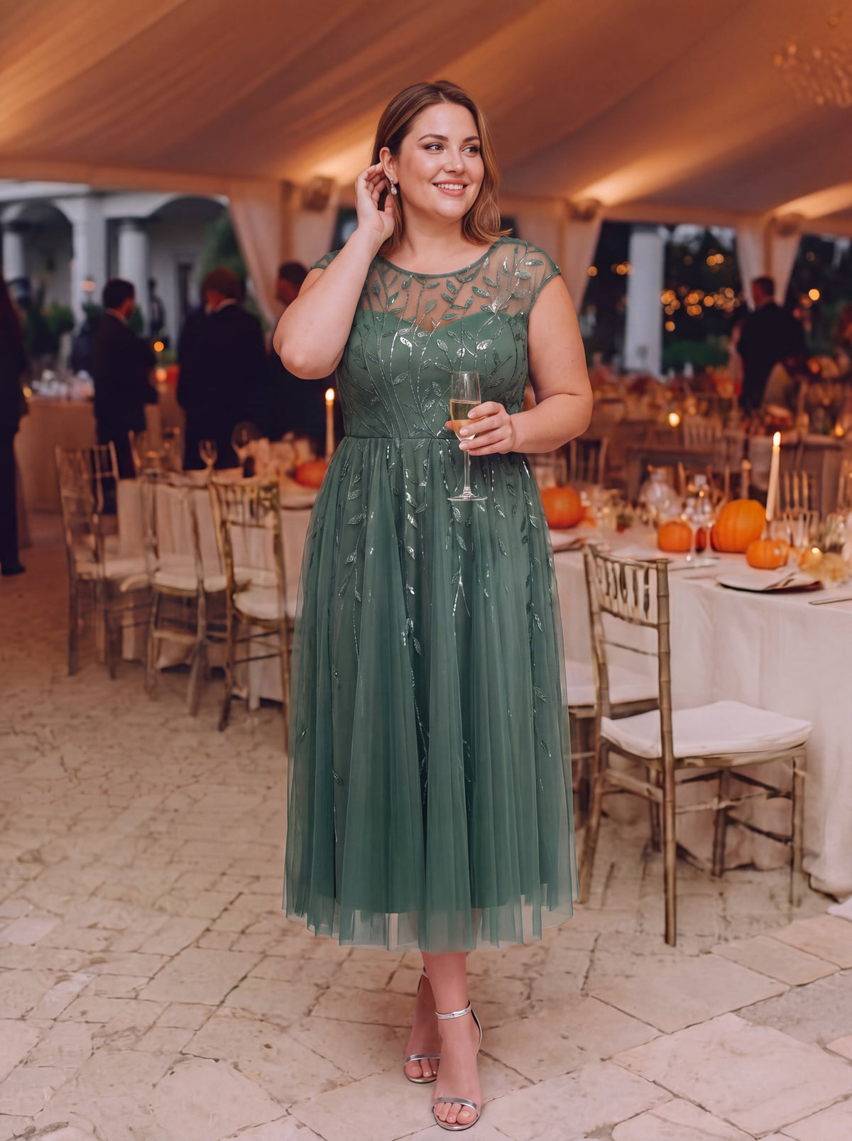 Plus Size See-through Sequin Wedding Guest Dress #color_Eucalyptus
