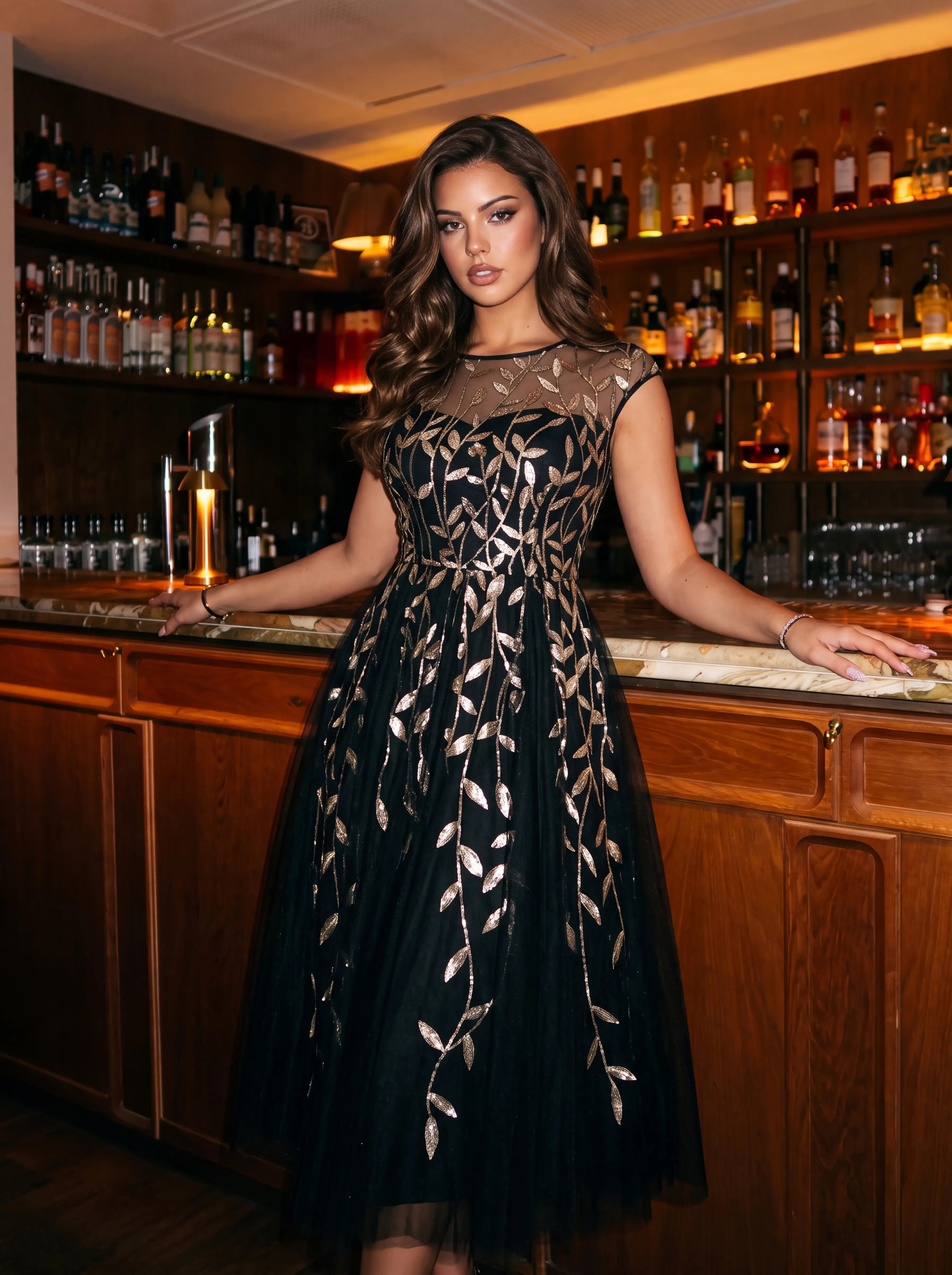 See-through Sequin Cap Sleeve Wedding Guest Dress #color_Black & Gold