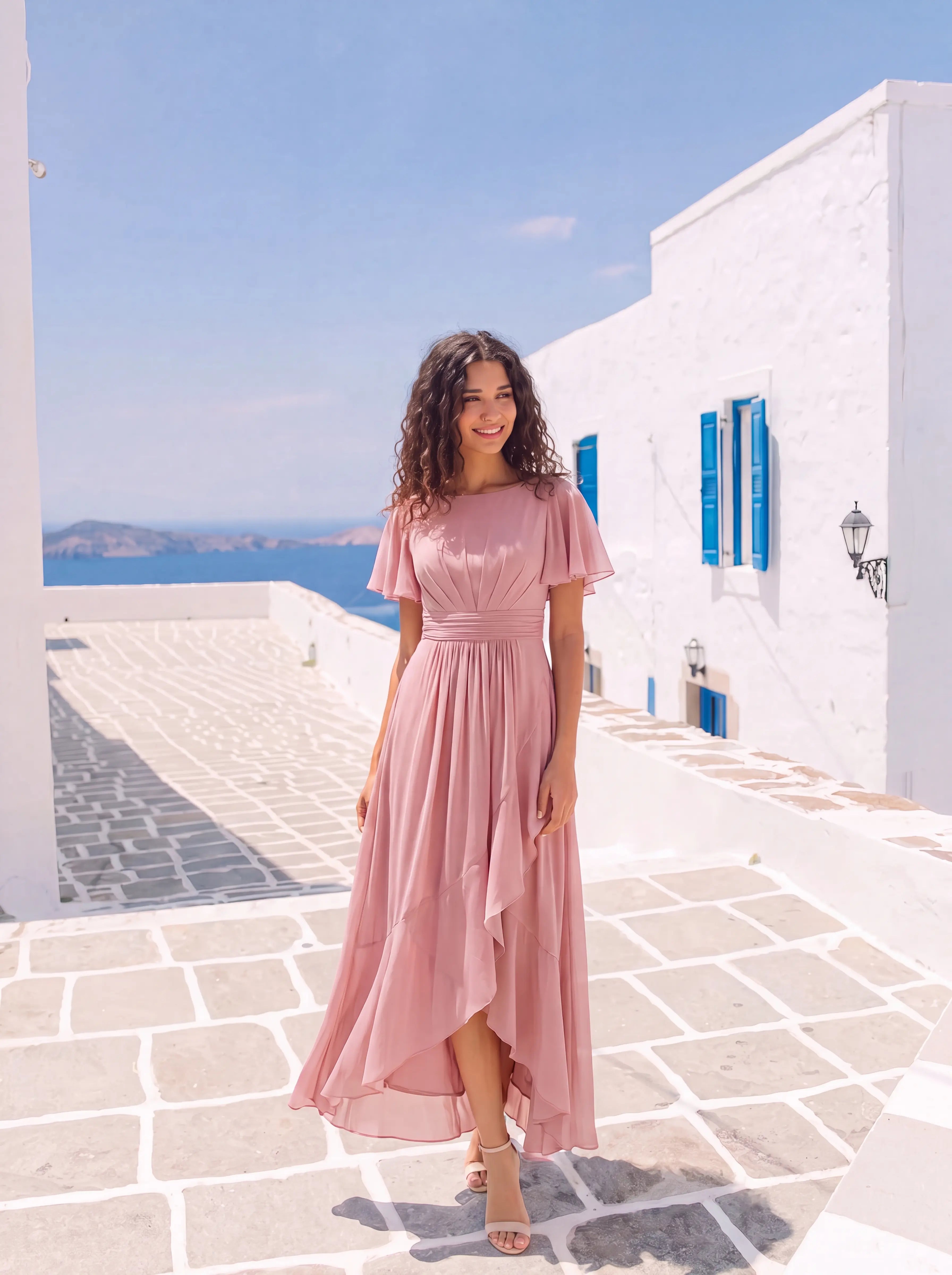 Chiffon Ruffle Short Sleeve Wedding Guest Dress #color_Dusty Rose