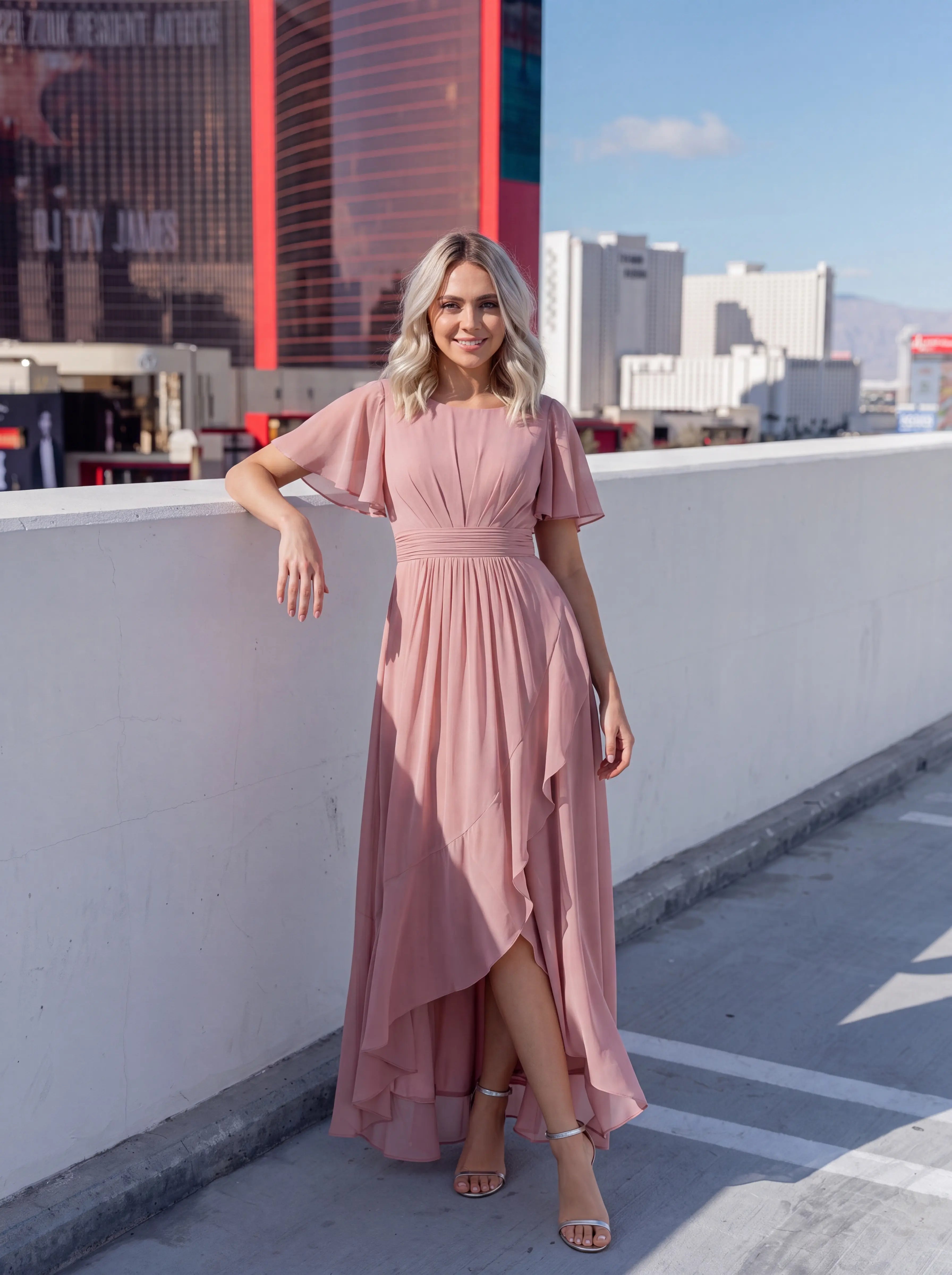 Chiffon Ruffle Short Sleeve Wedding Guest Dress #color_Dusty Rose