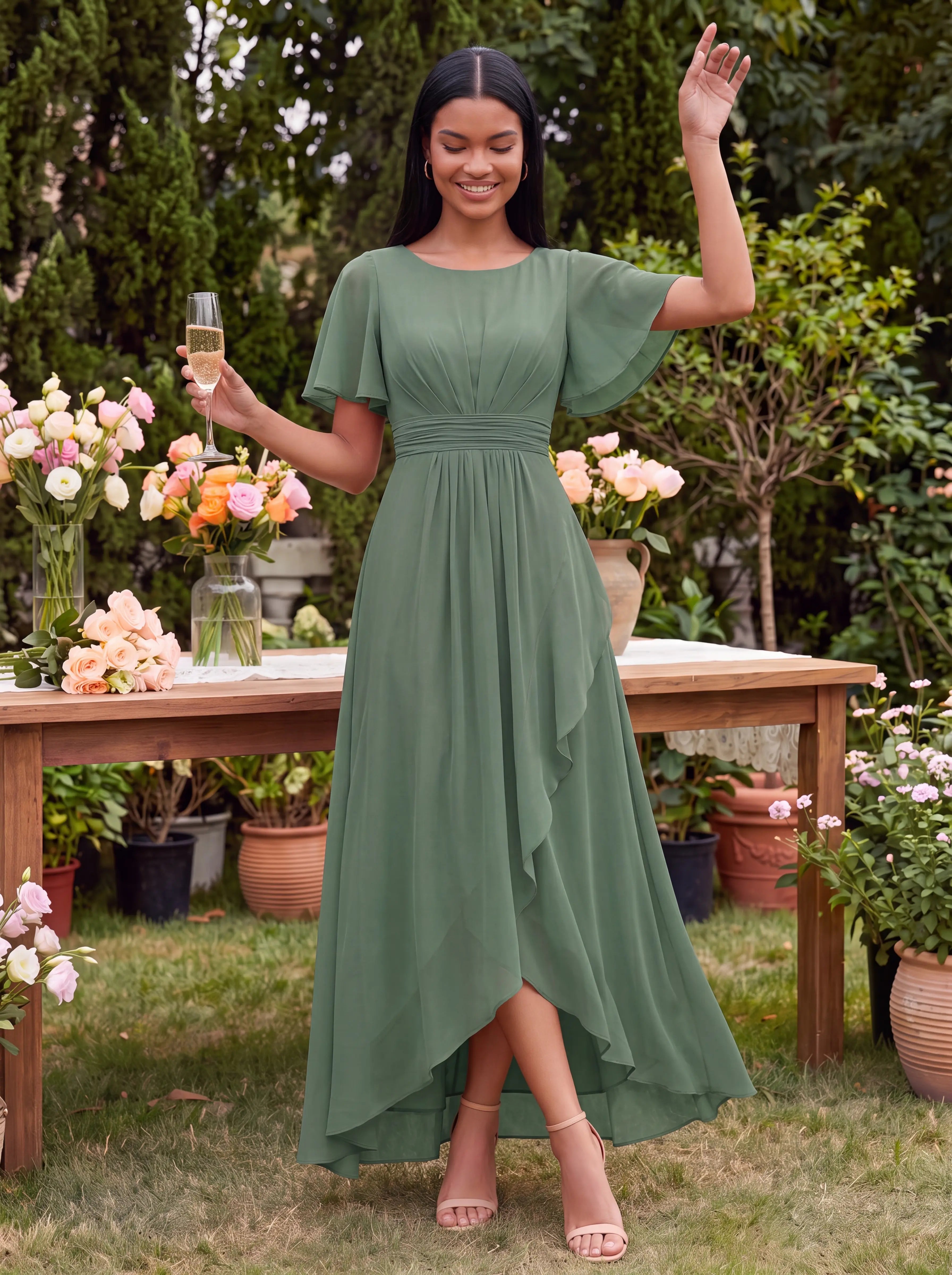 Chiffon Ruffle Short Sleeve Wedding Guest Dress #color_Eucalyptus