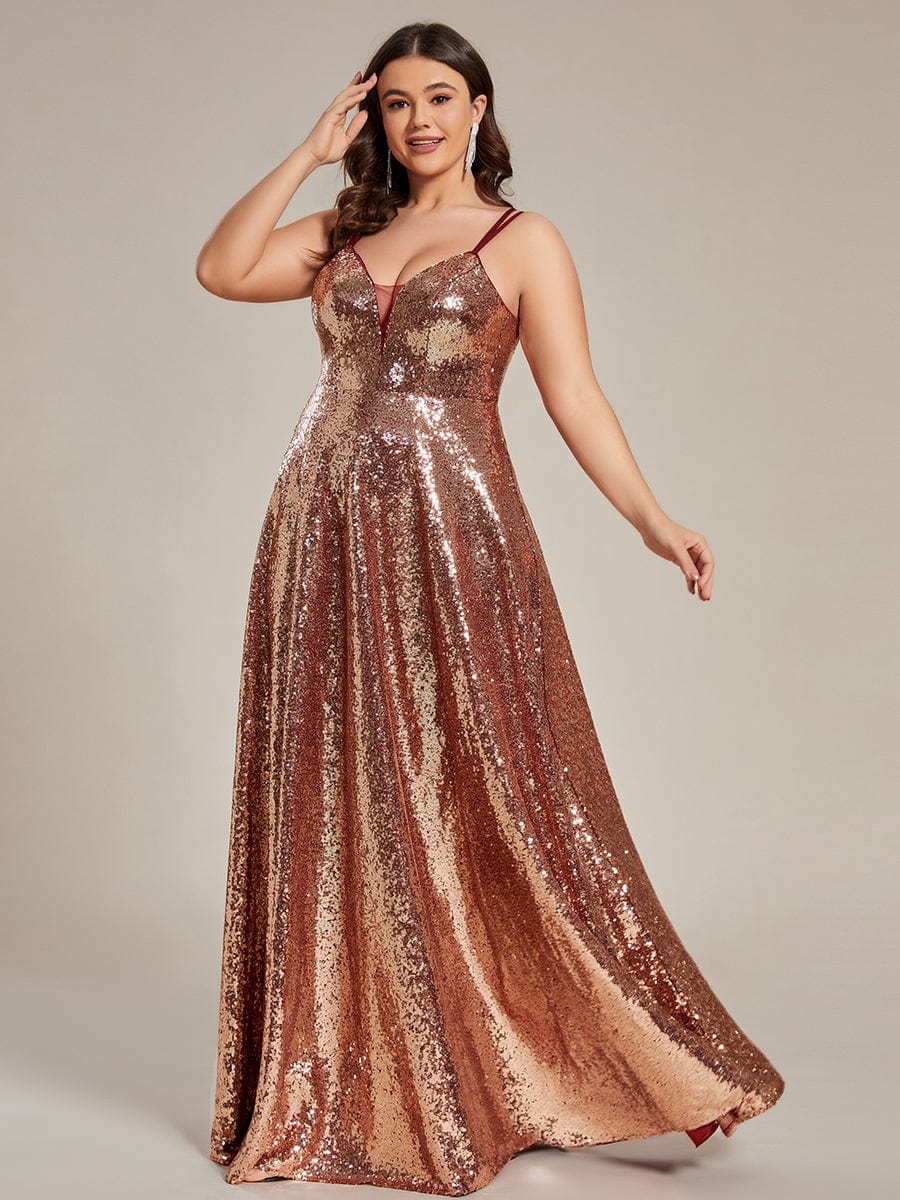 Custom Size Spaghetti Strap Corset Back Sequin Prom Dresses #Color_Rose Gold