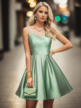 Pleated Satin A-Line Double Spaghetti Strap V-Neck Homecoming Dress #color_Sage Green