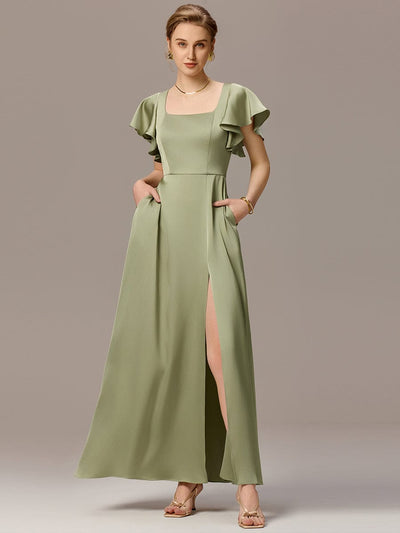 ever LIORIE|Satin Square Neck Short Sleeve Ruffled Maxi Bridesmaid Dress with Pockets