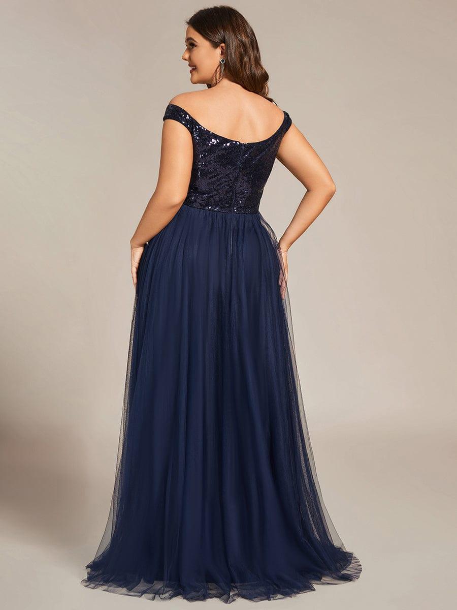 A-line Sequin Off the Shoulder Maxi Tulle Evening Dress #color_Navy Blue