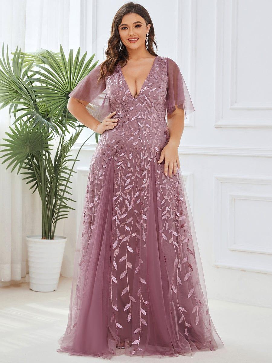 Elegant Ruffle Sleeves Maxi Sequin Mother of the Bride Dress #color_Purple Orchid