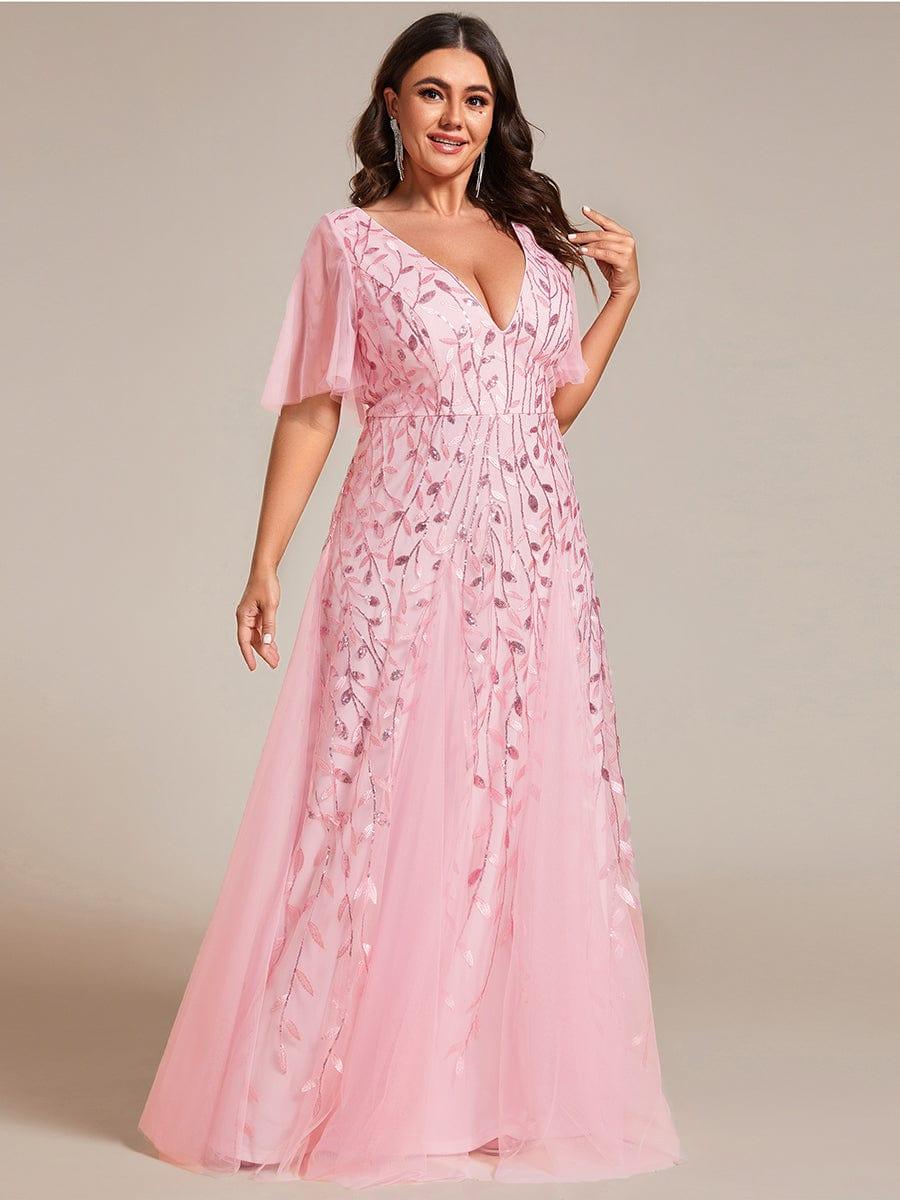 Elegant Ruffle Sleeves Maxi Sequin Mother of the Bride Dress #color_Pink