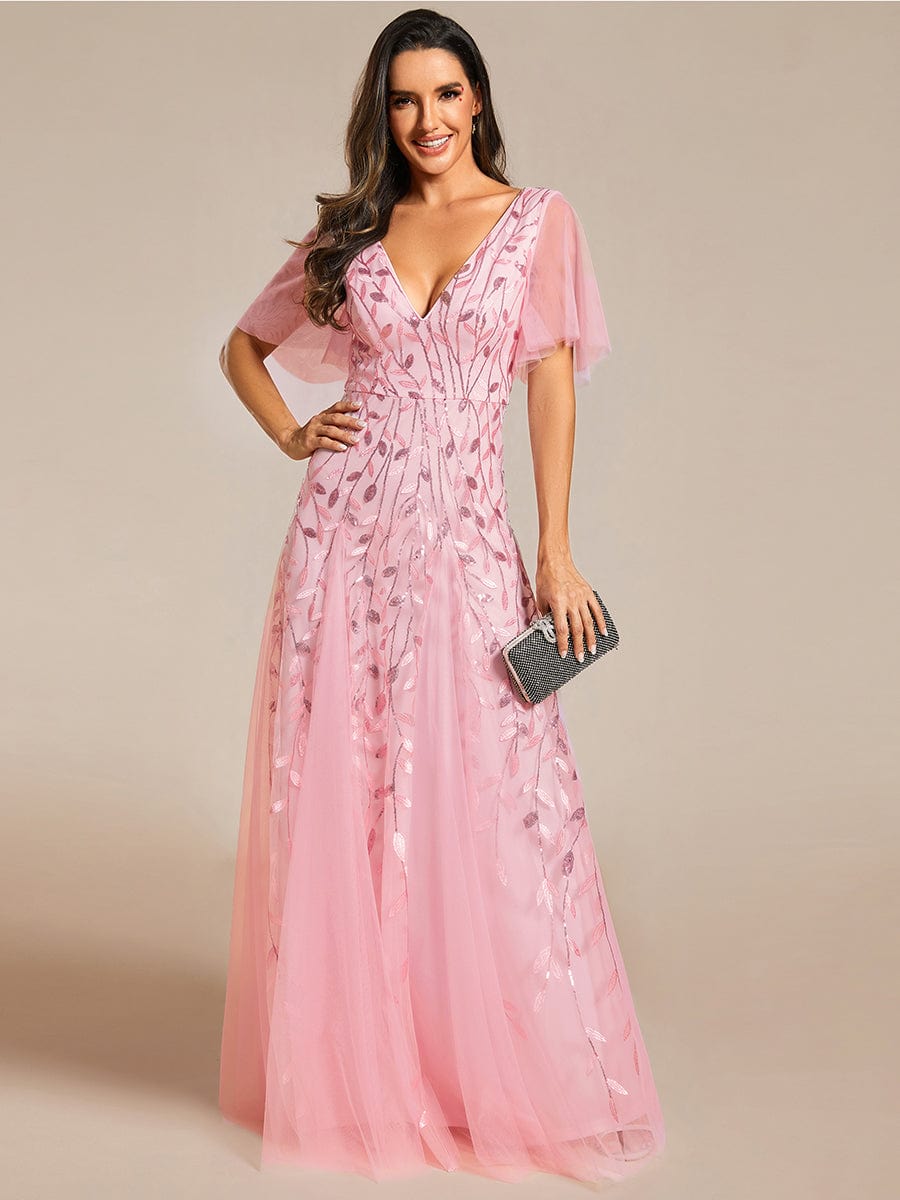 Shimmery V Neck Ruffle Sleeves Sequin Maxi Long Evening Dress #color_Pink