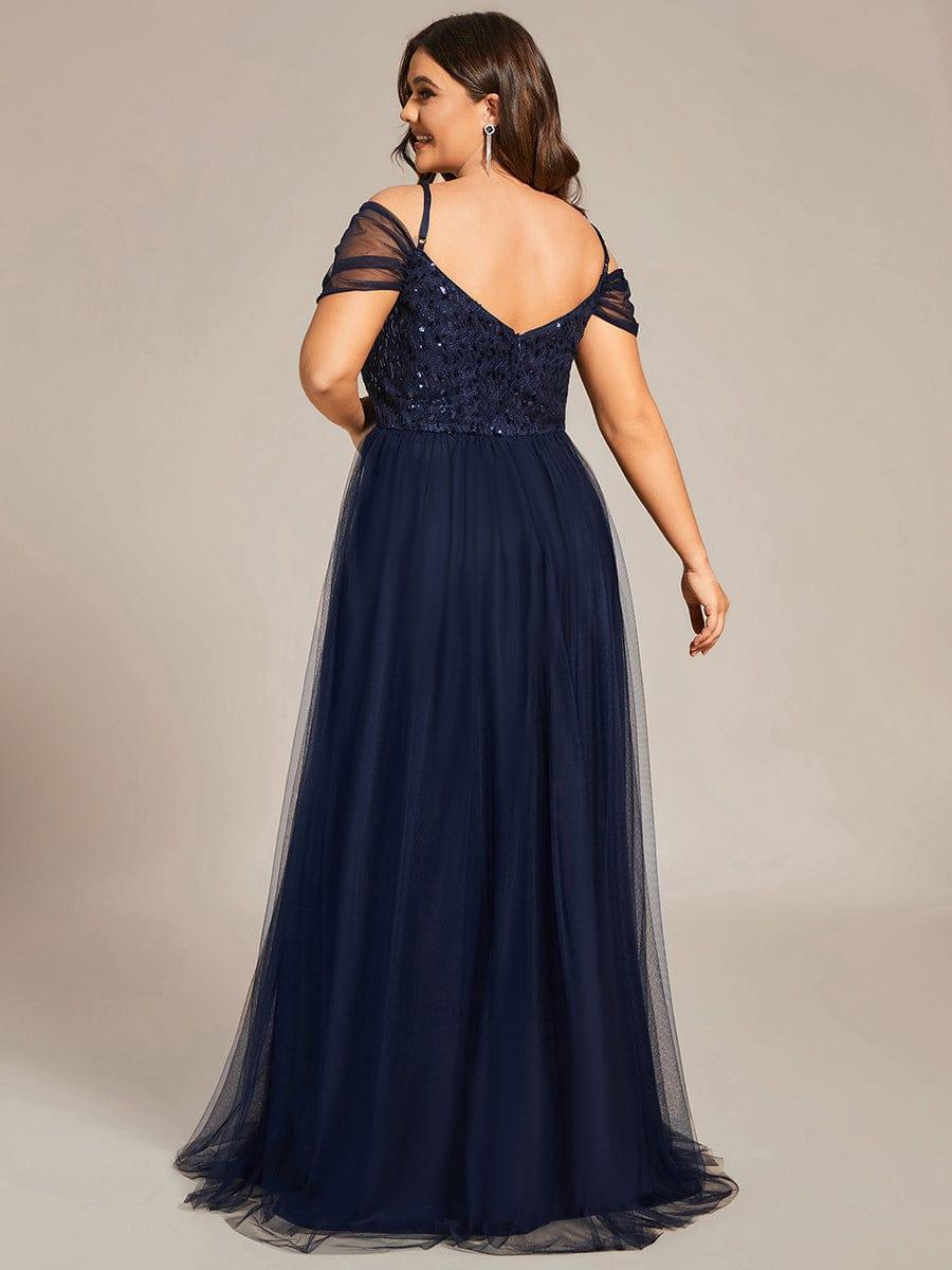 Custom Size Sequin Bodice Cold Shoulder Floor Length Tulle Bridesmaid Dress #color_Navy Blue