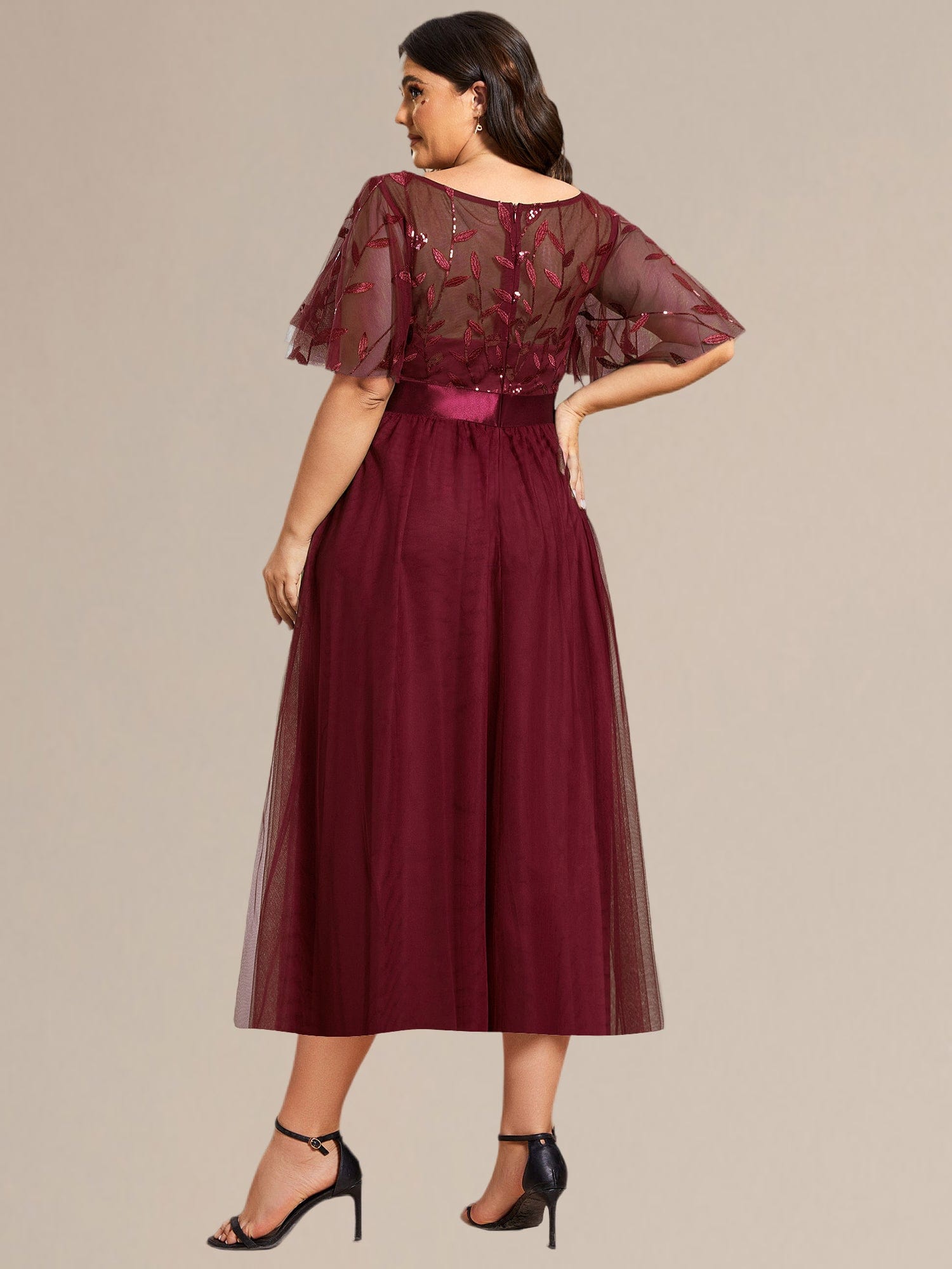 Plus Size Sequin Leaf Midi Evening Dresses #color_Burgundy