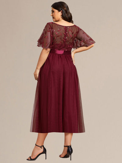 Plus Size Sequin Leaf Midi Evening Dresses #color_Burgundy