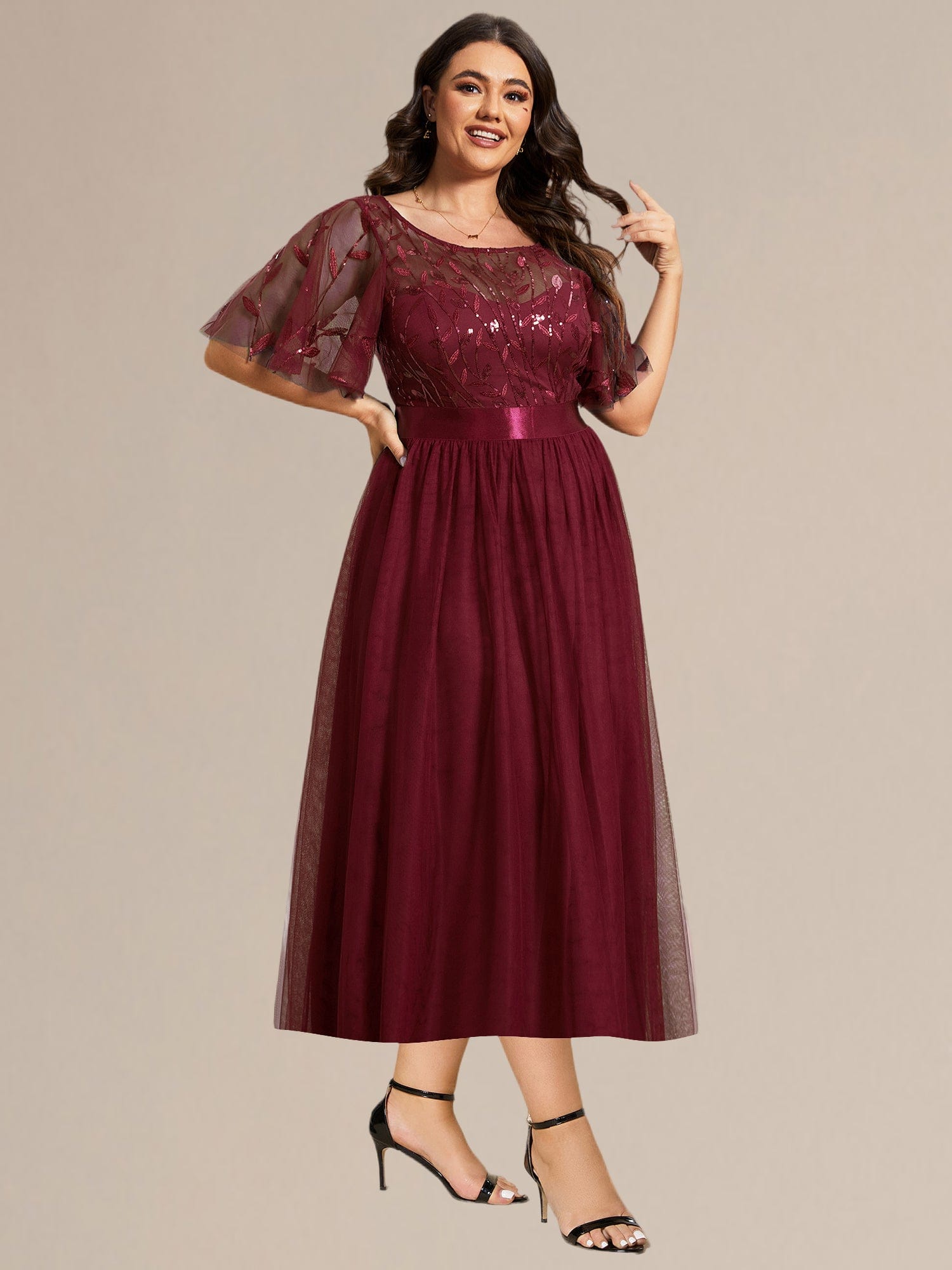 Plus Size Sequin Leaf Midi Evening Dresses #color_Burgundy