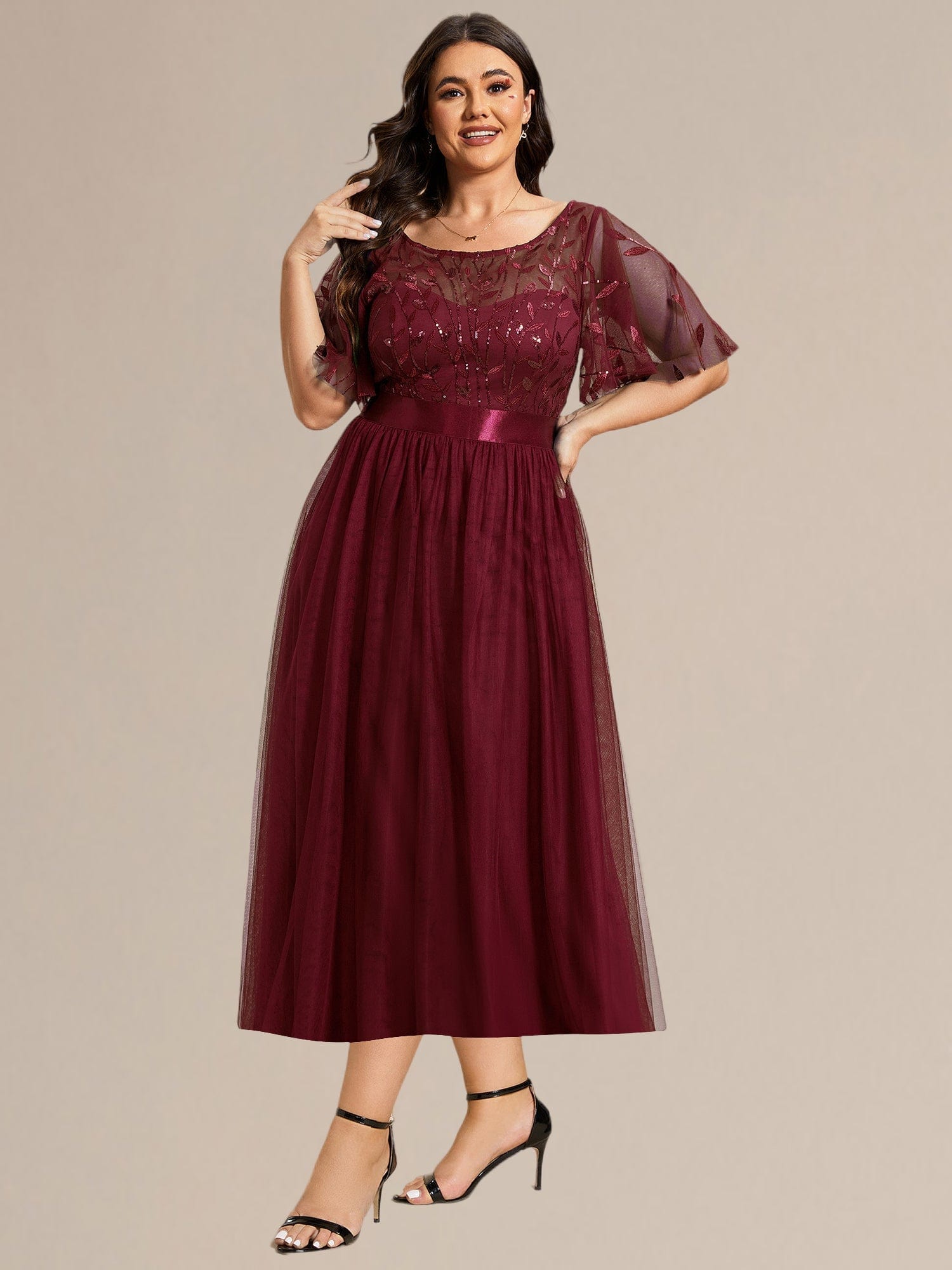 Plus Size Sequin Leaf Midi Evening Dresses #color_Burgundy