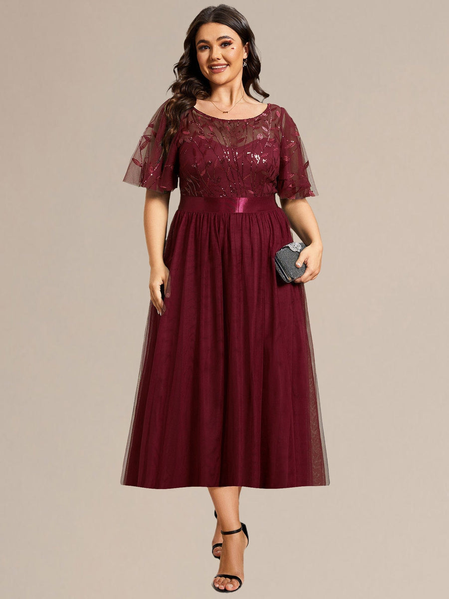 Plus Size Sequin Leaf Midi Evening Dresses #color_Burgundy