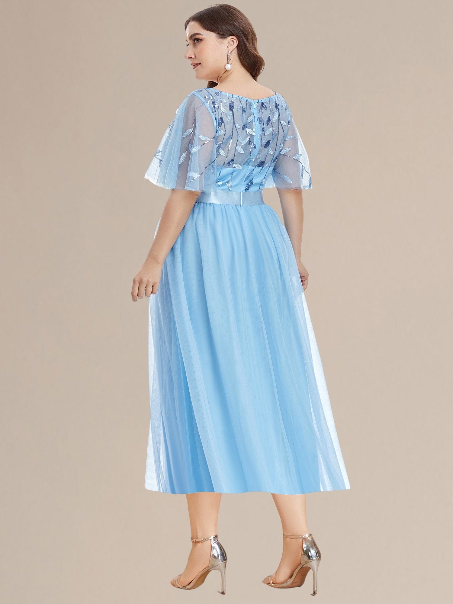 Plus Size Sequin Leaf Wedding Guest Dresses #color_Sky Blue