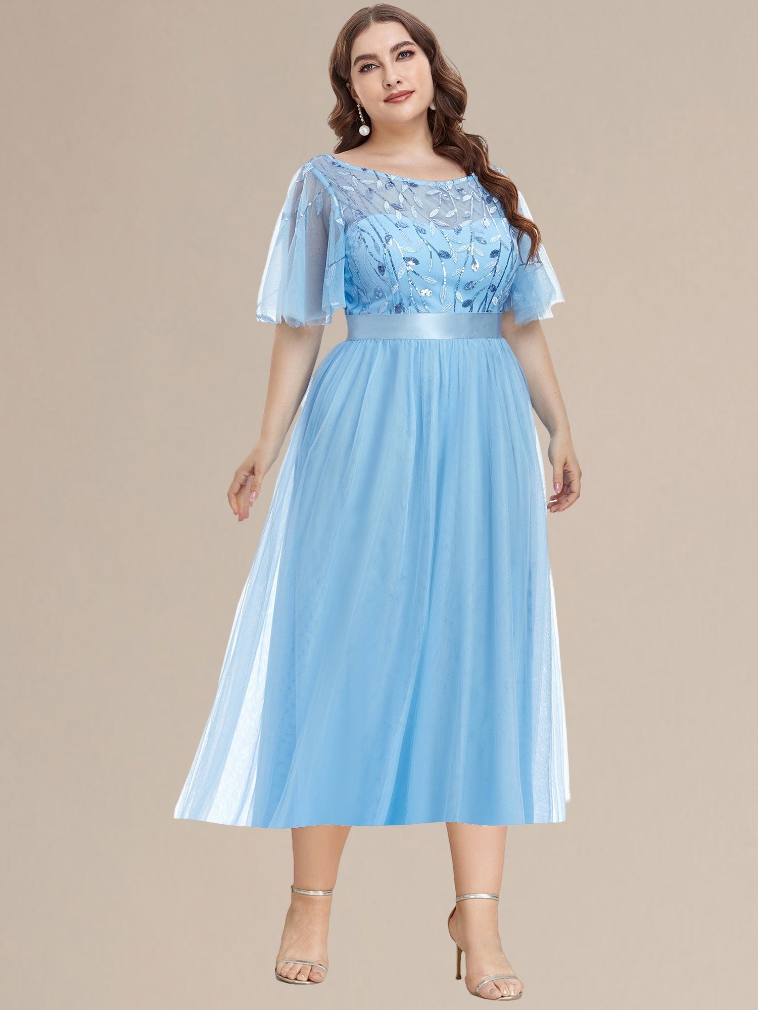 Plus Size Sequin Leaf Wedding Guest Dresses #color_Sky Blue