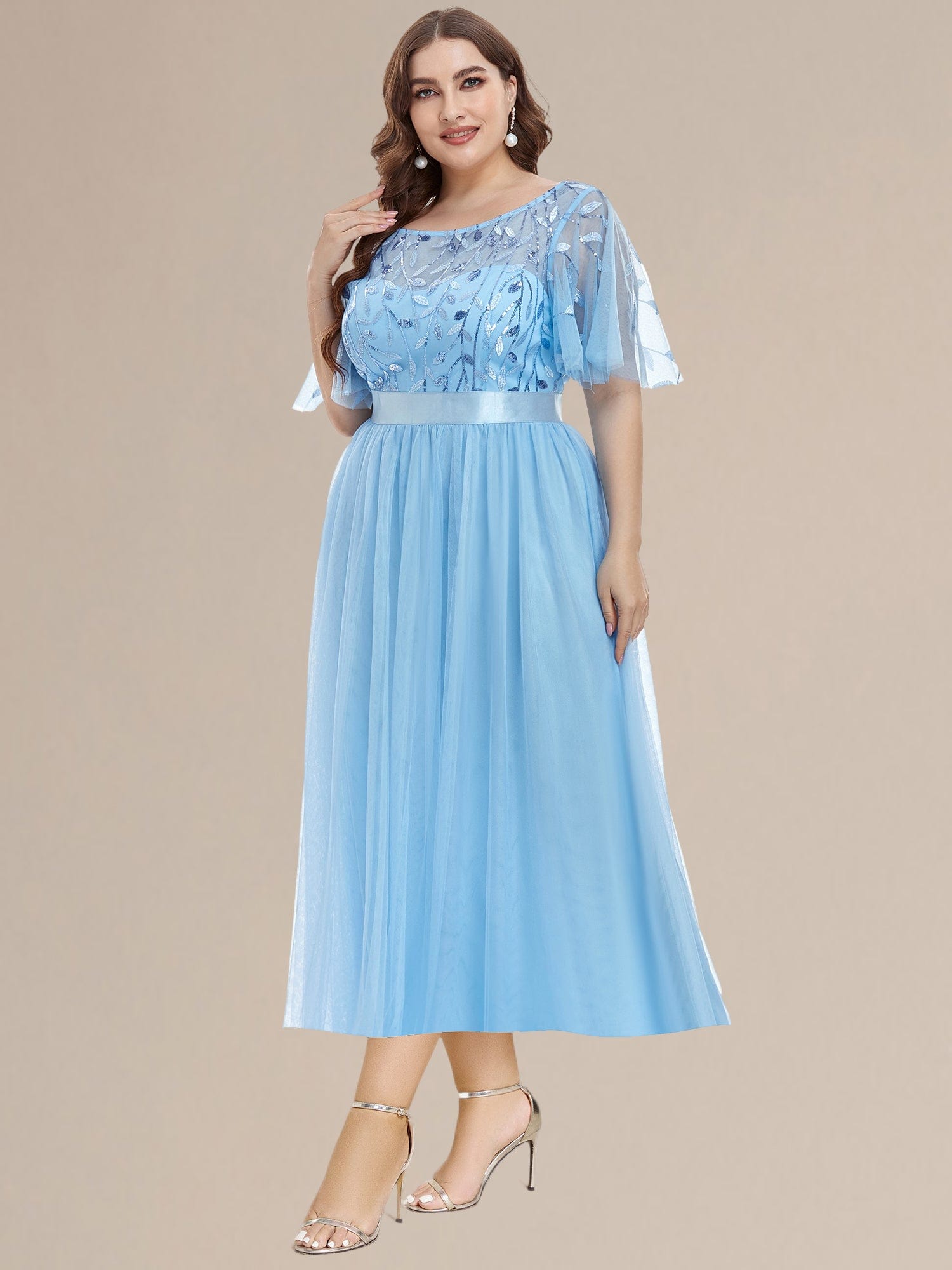 Plus Size Sequin Leaf Wedding Guest Dresses #color_Sky Blue