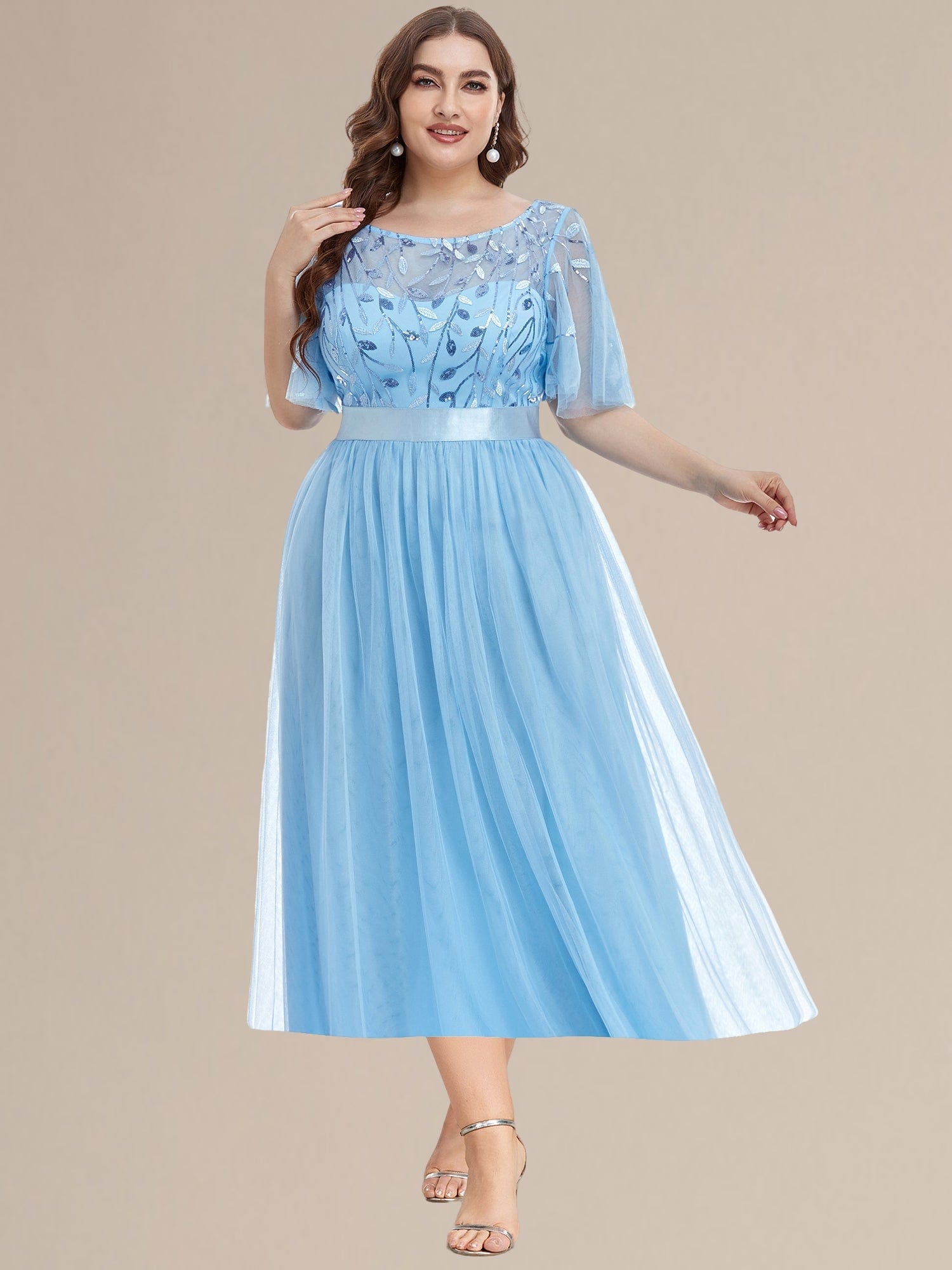 Plus Size Sequin Leaf Wedding Guest Dresses #color_Sky Blue