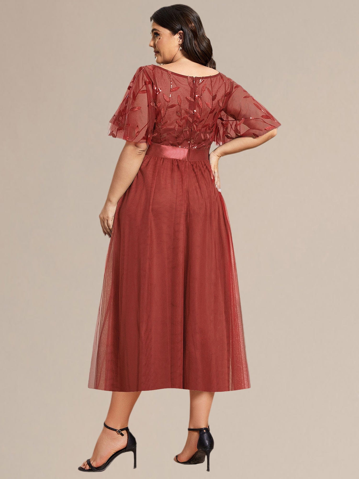 Plus Size Sequin Leaf Midi Evening Dresses #color_Burnt Orange