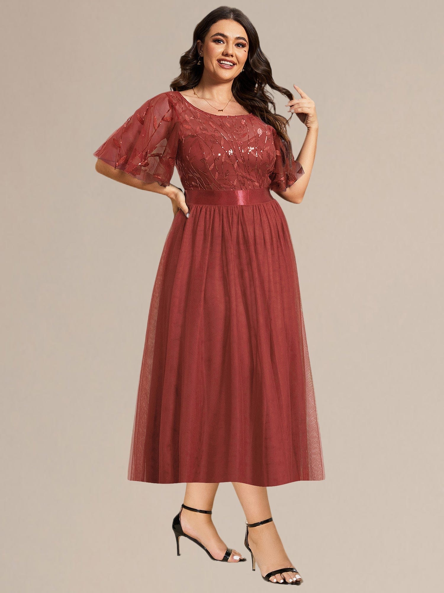 Plus Size Sequin Leaf Midi Evening Dresses #color_Burnt Orange