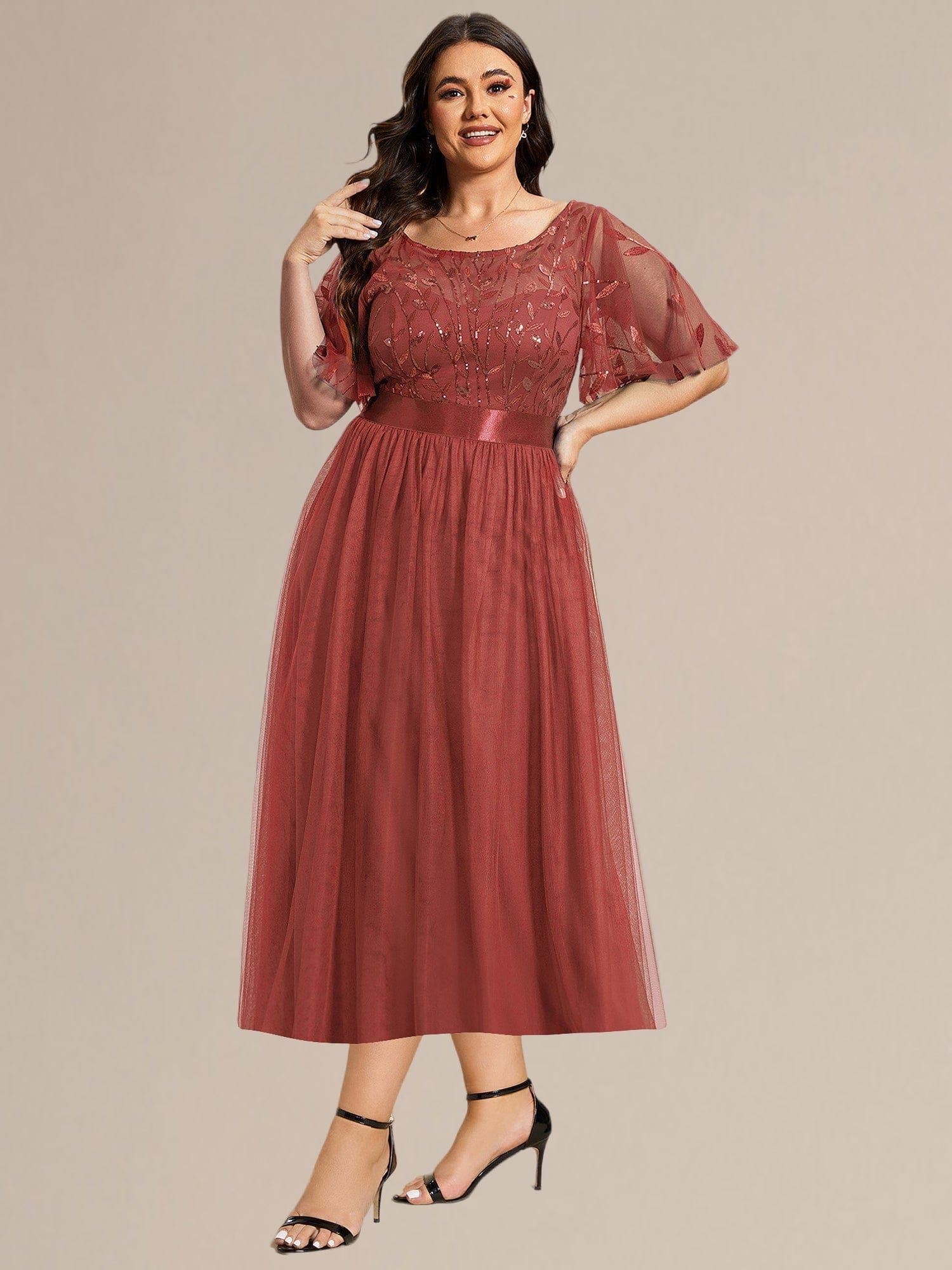 Plus Size Sequin Leaf Midi Evening Dresses #color_Burnt Orange
