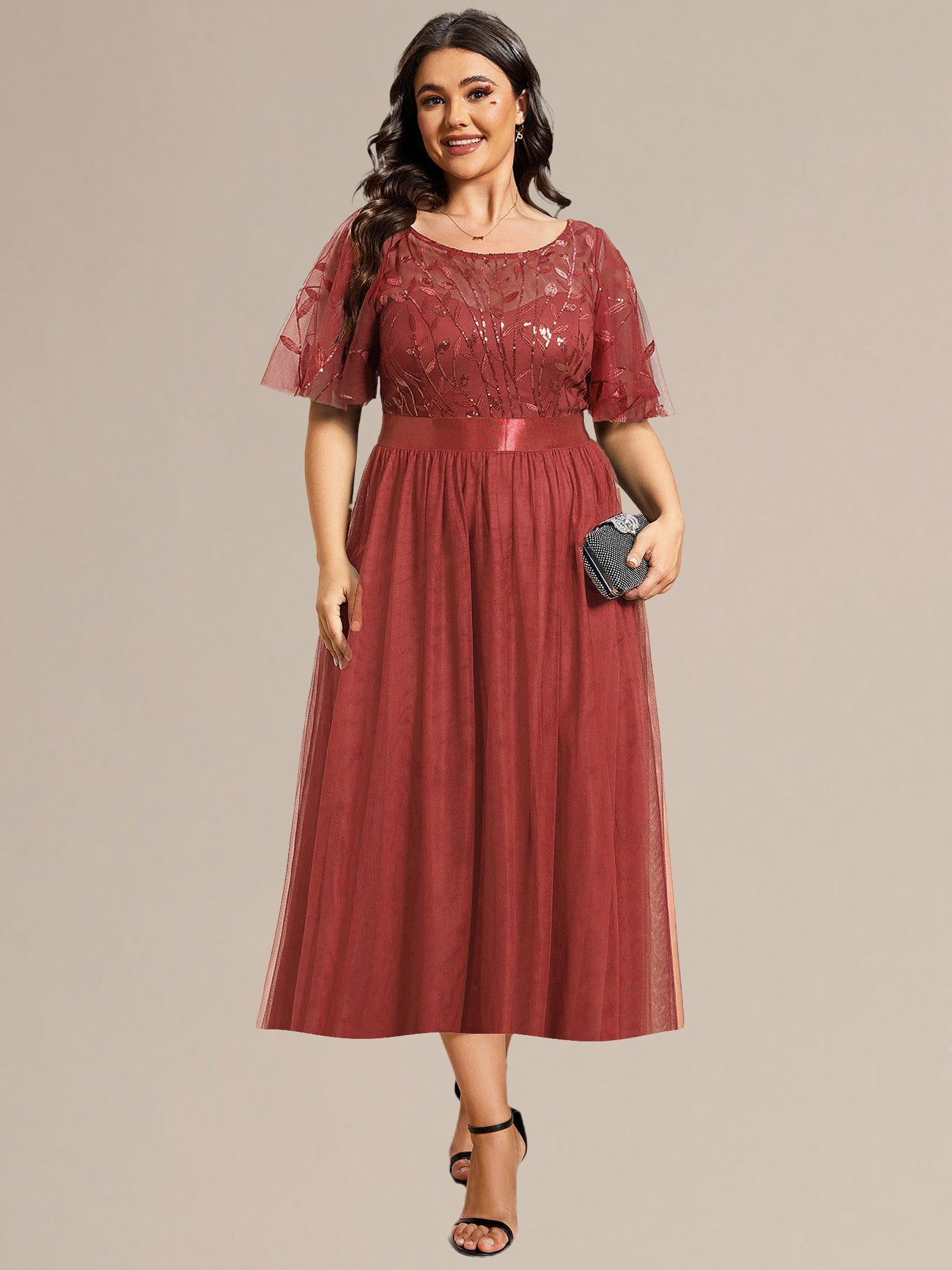 Plus Size Sequin Leaf Midi Evening Dresses #color_Burnt Orange
