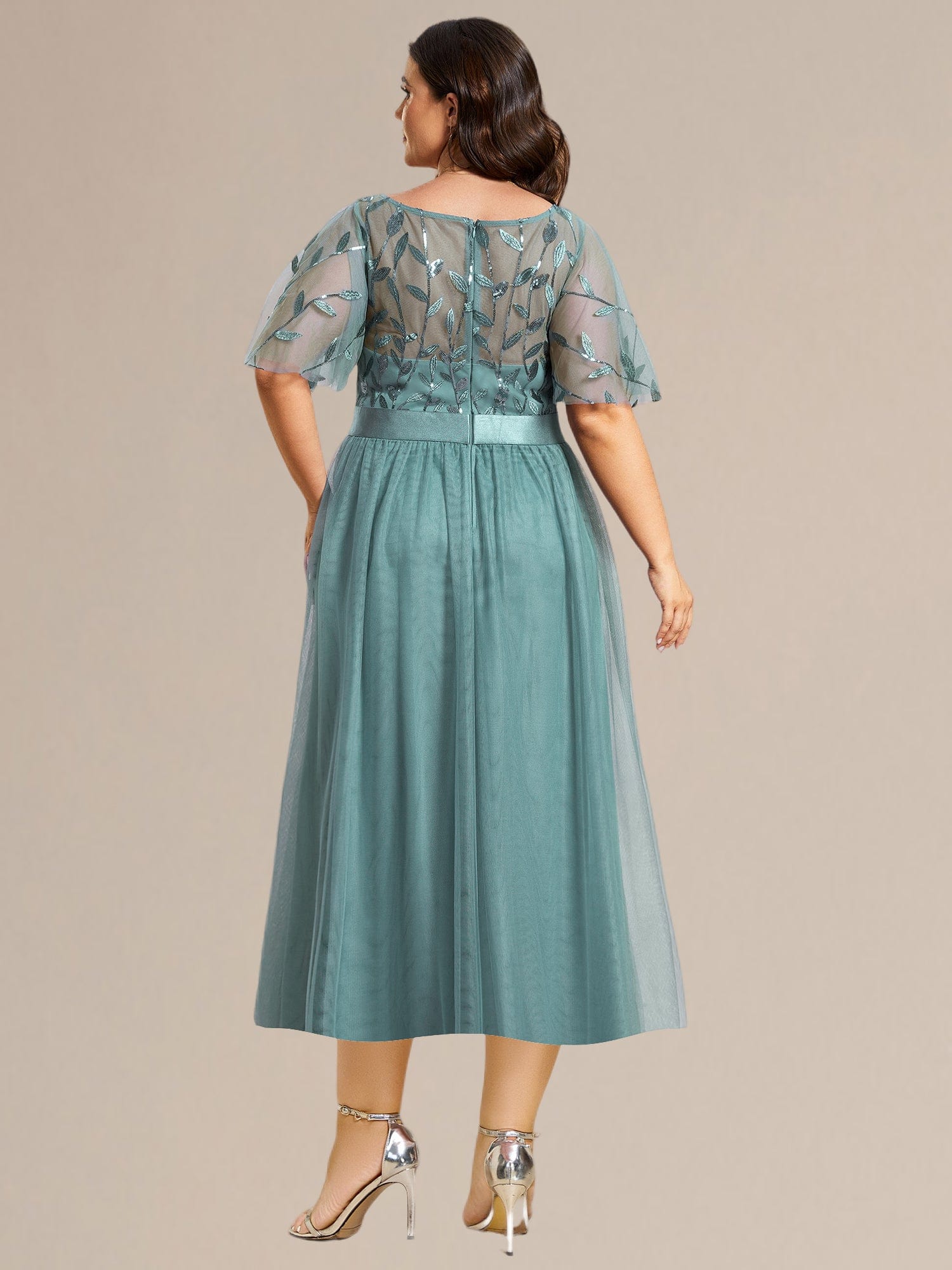 Plus Size Sequin Leaf Midi Evening Dresses #color_Light Teal