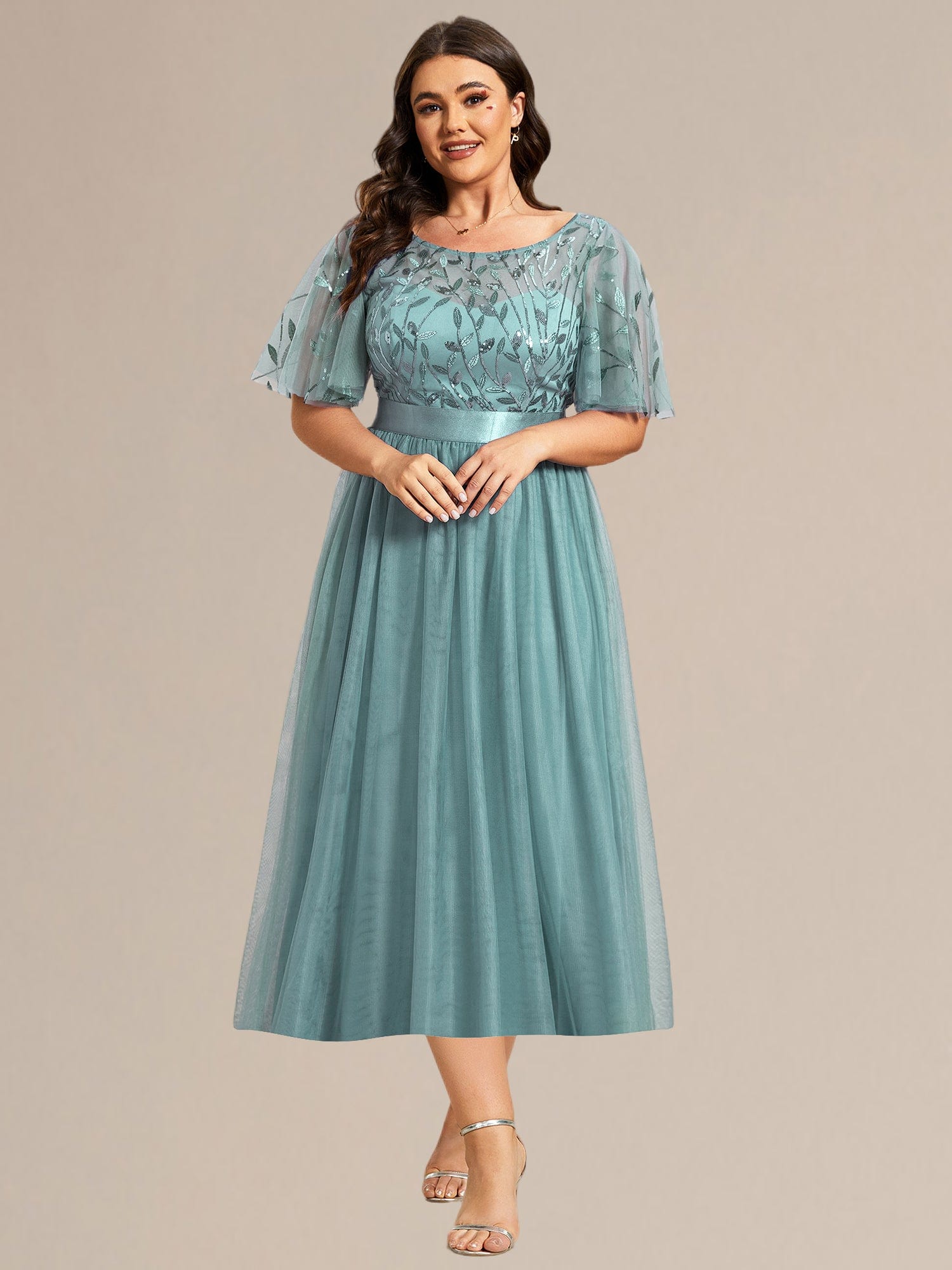 Plus Size Sequin Leaf Midi Evening Dresses #color_Light Teal