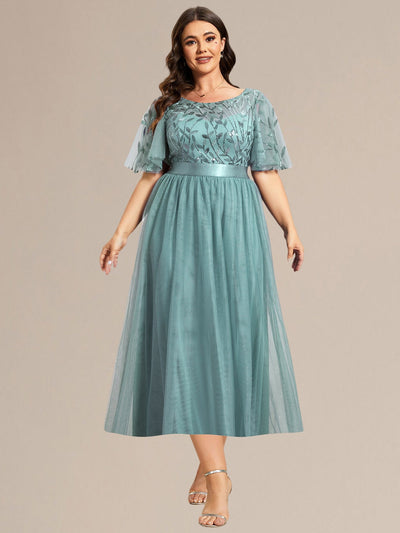 Plus Size Sequin Leaf Midi Evening Dresses #color_Light Teal