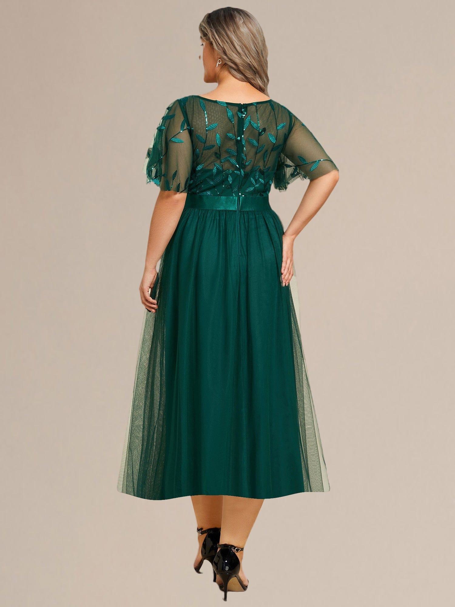 Plus Size Sequin Leaf Midi Evening Dresses #color_Dark Green