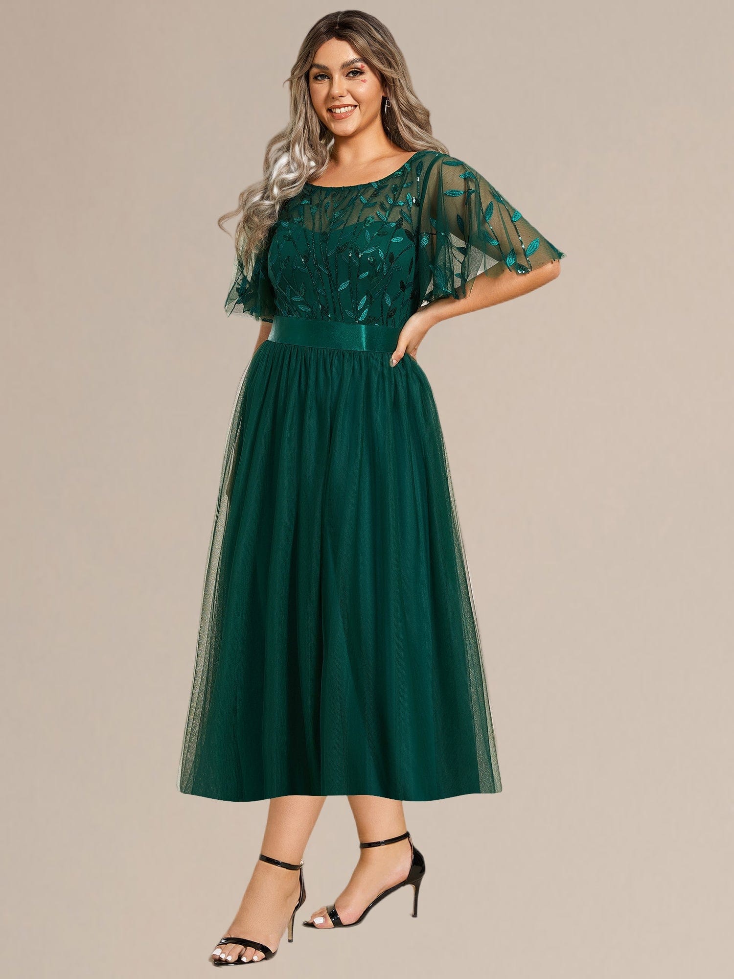 Plus Size Sequin Leaf Midi Evening Dresses #color_Dark Green