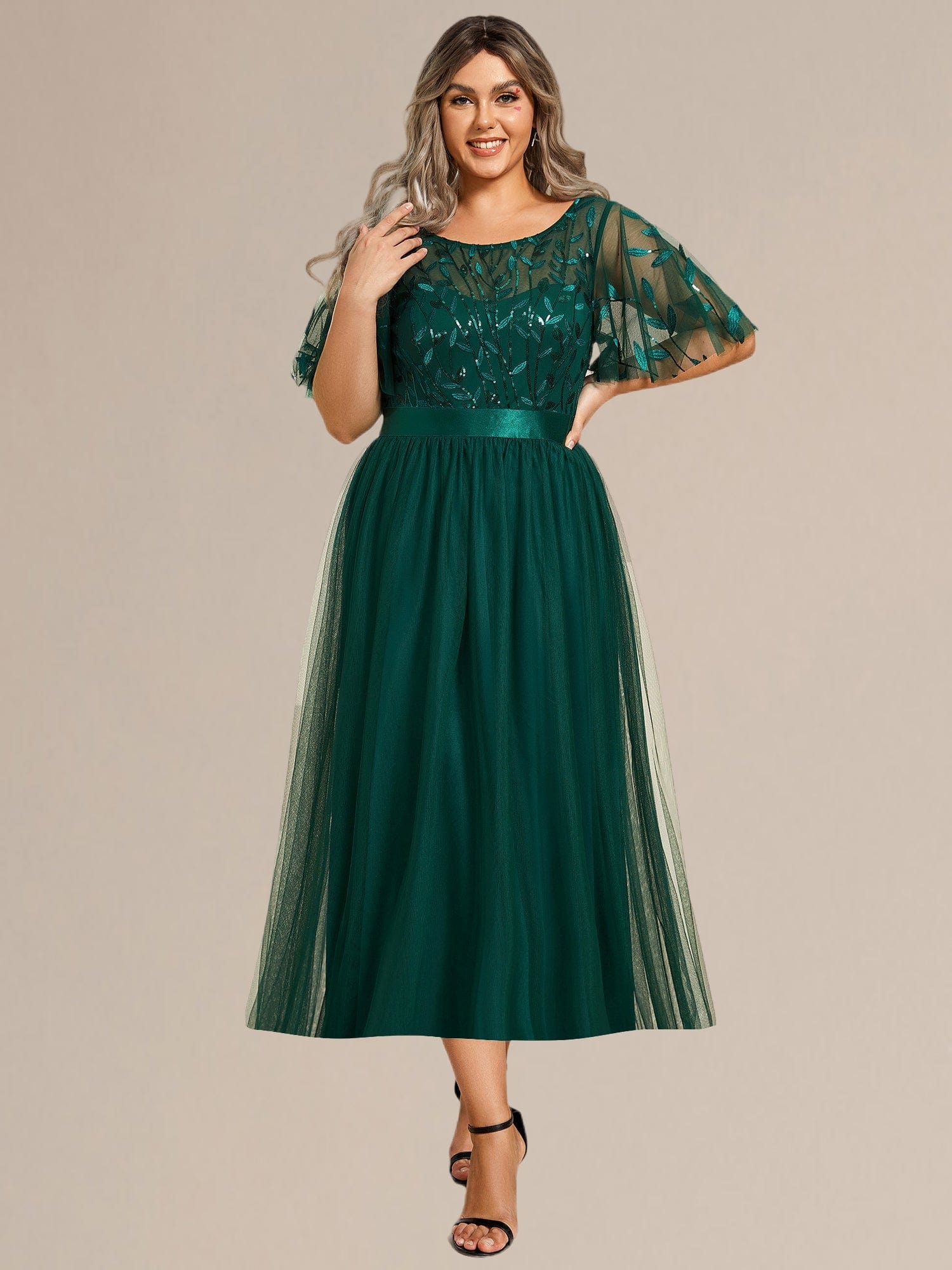 Plus Size Sequin Leaf Midi Evening Dresses #color_Dark Green