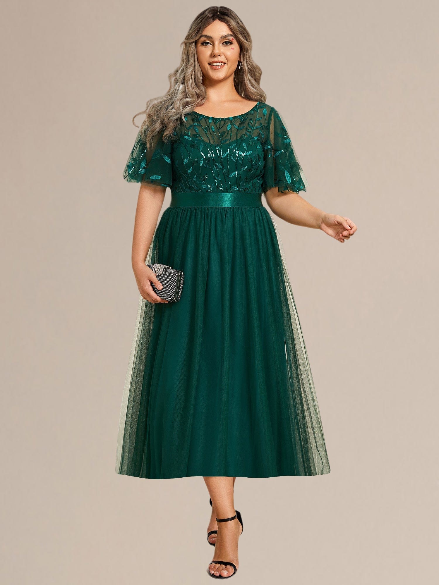 Plus Size Sequin Leaf Midi Evening Dresses #color_Dark Green