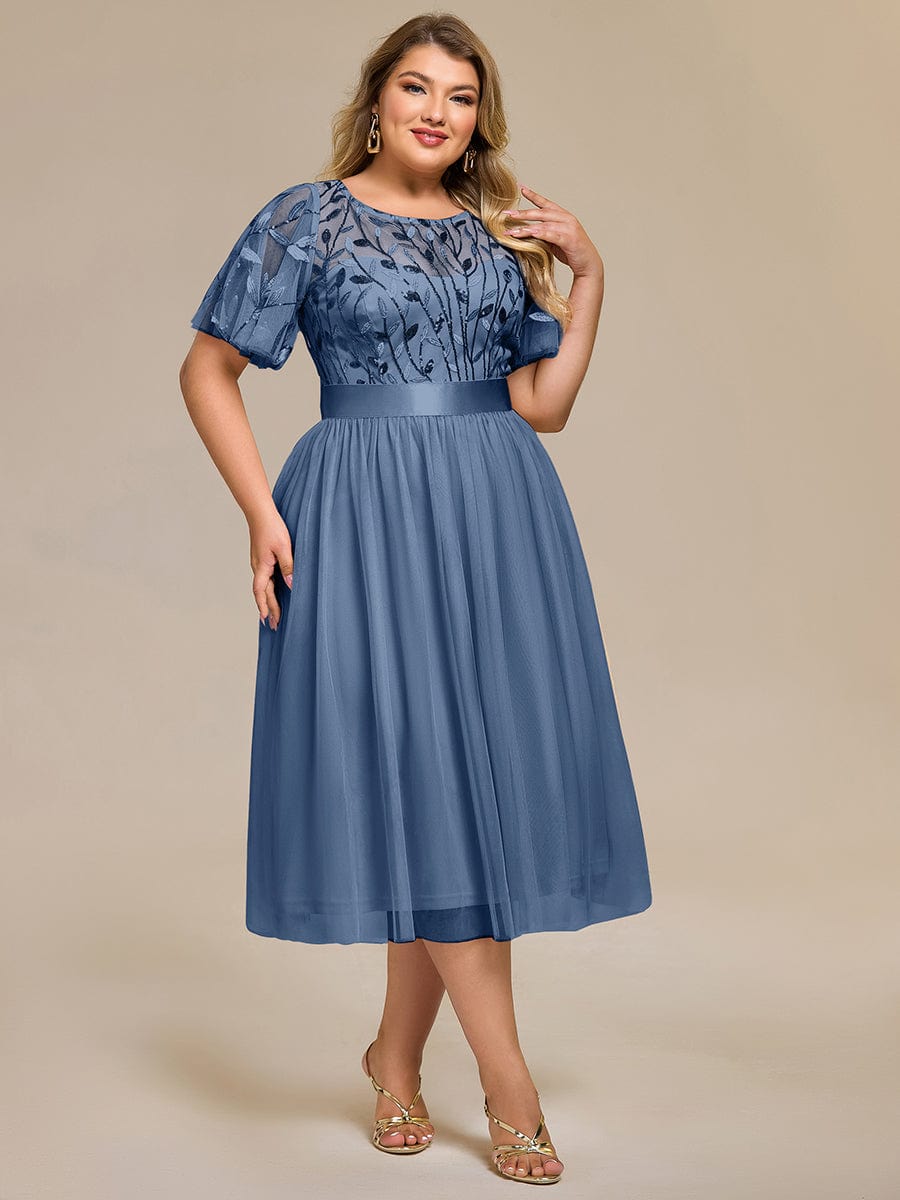 Plus Size Sequin Leaf Midi Evening Dresses #color_Dusty Blue