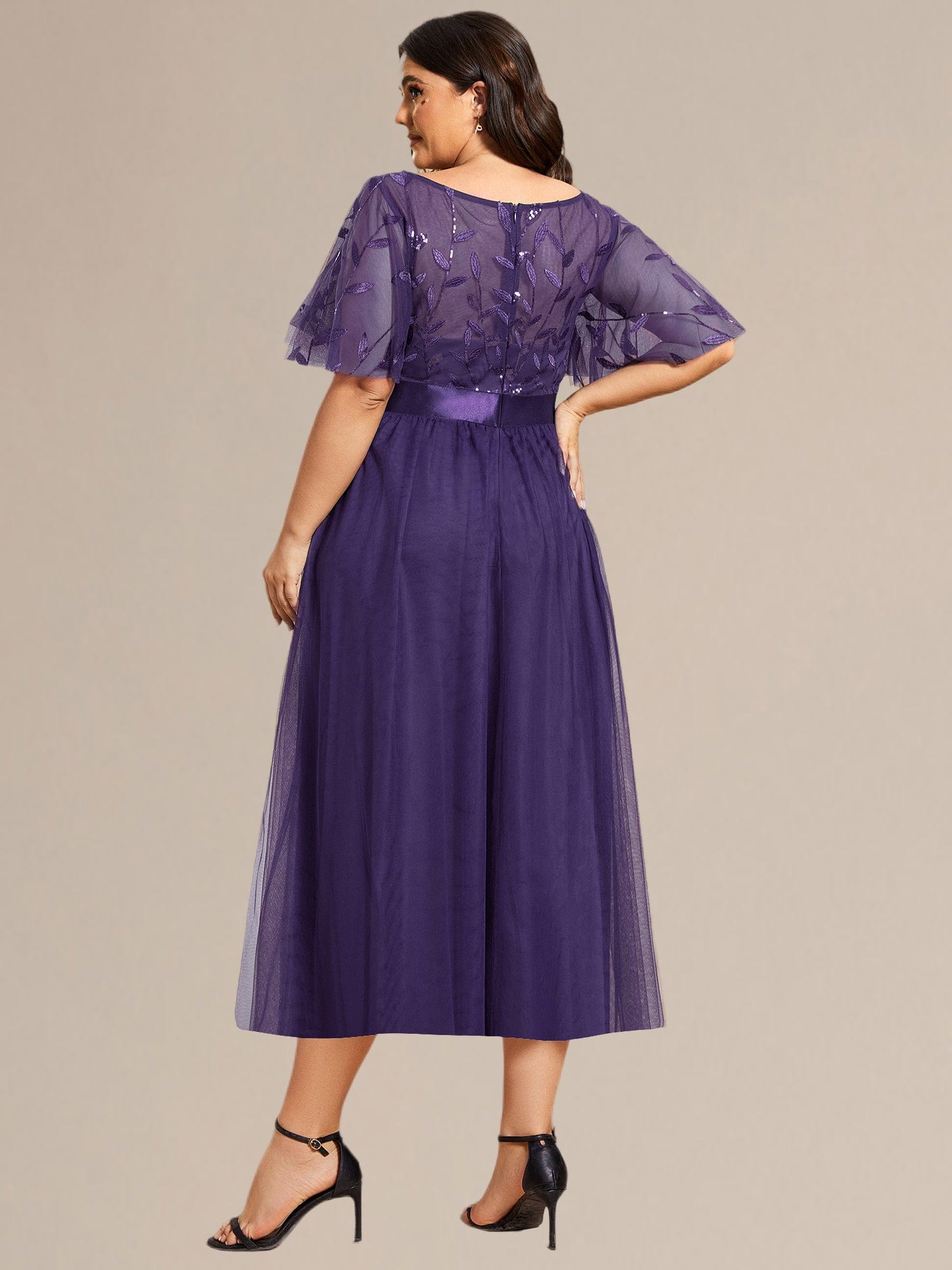 Plus Size Sequin Leaf Wedding Guest Dresses #color_Dark Purple