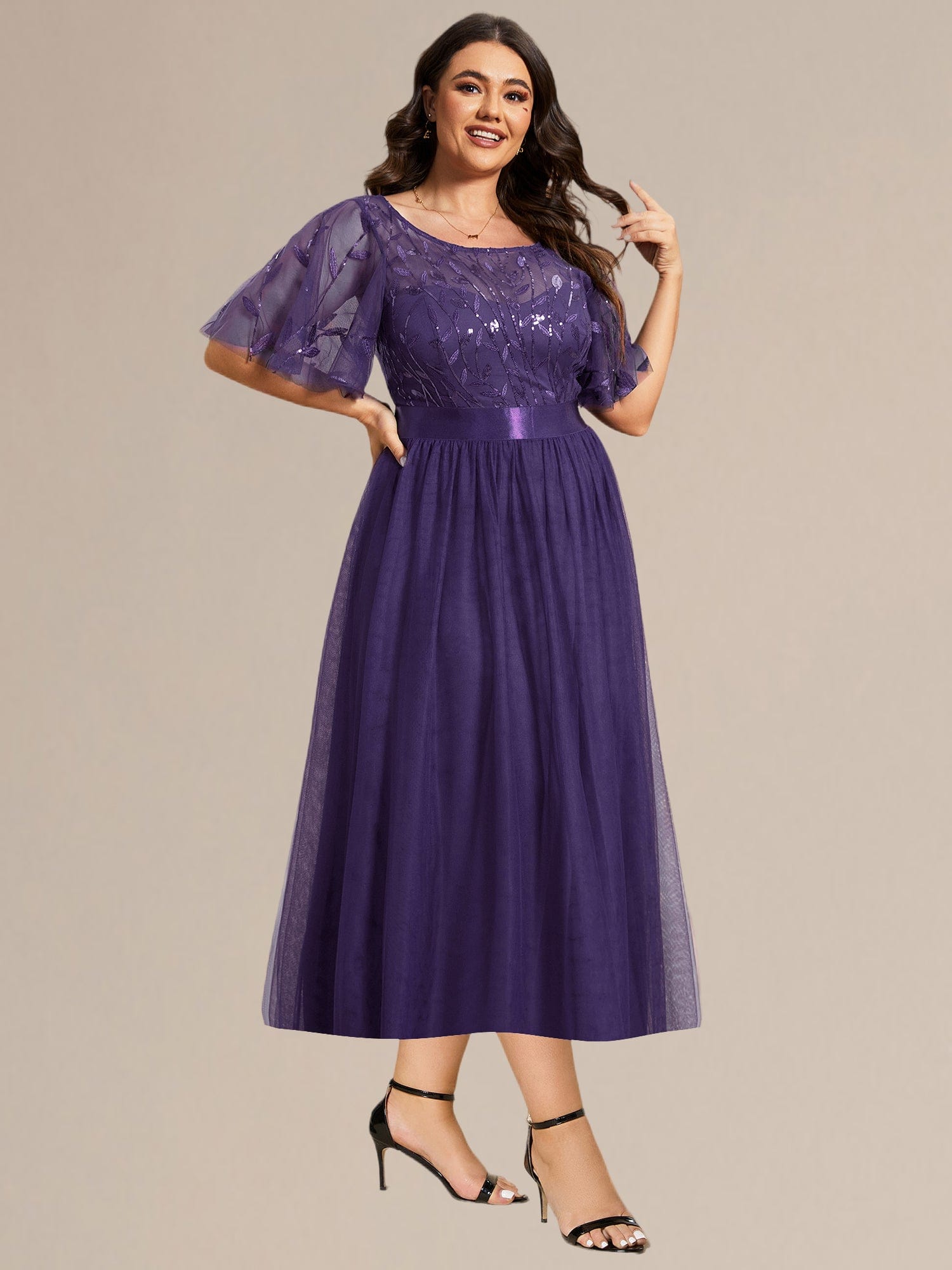 Plus Size Sequin Leaf Wedding Guest Dresses #color_Dark Purple