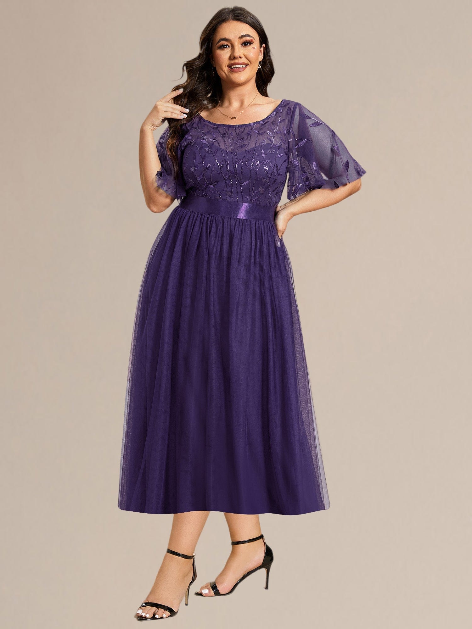 Plus Size Sequin Leaf Wedding Guest Dresses #color_Dark Purple
