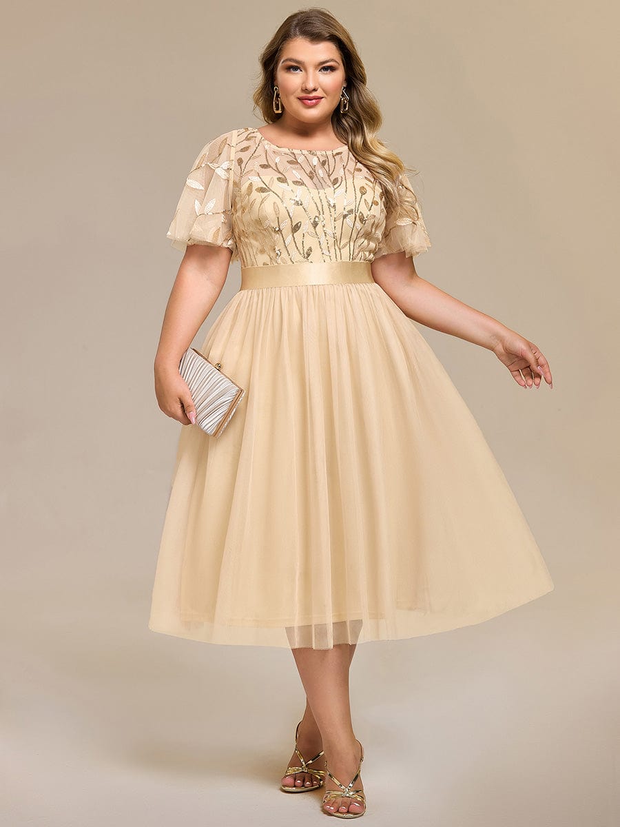 Plus Size Sequin Leaf Midi Evening Dresses #color_Gold