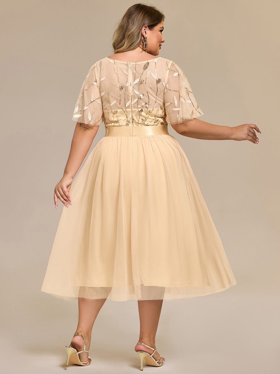 Plus Size Sequin Leaf Midi Evening Dresses #color_Gold