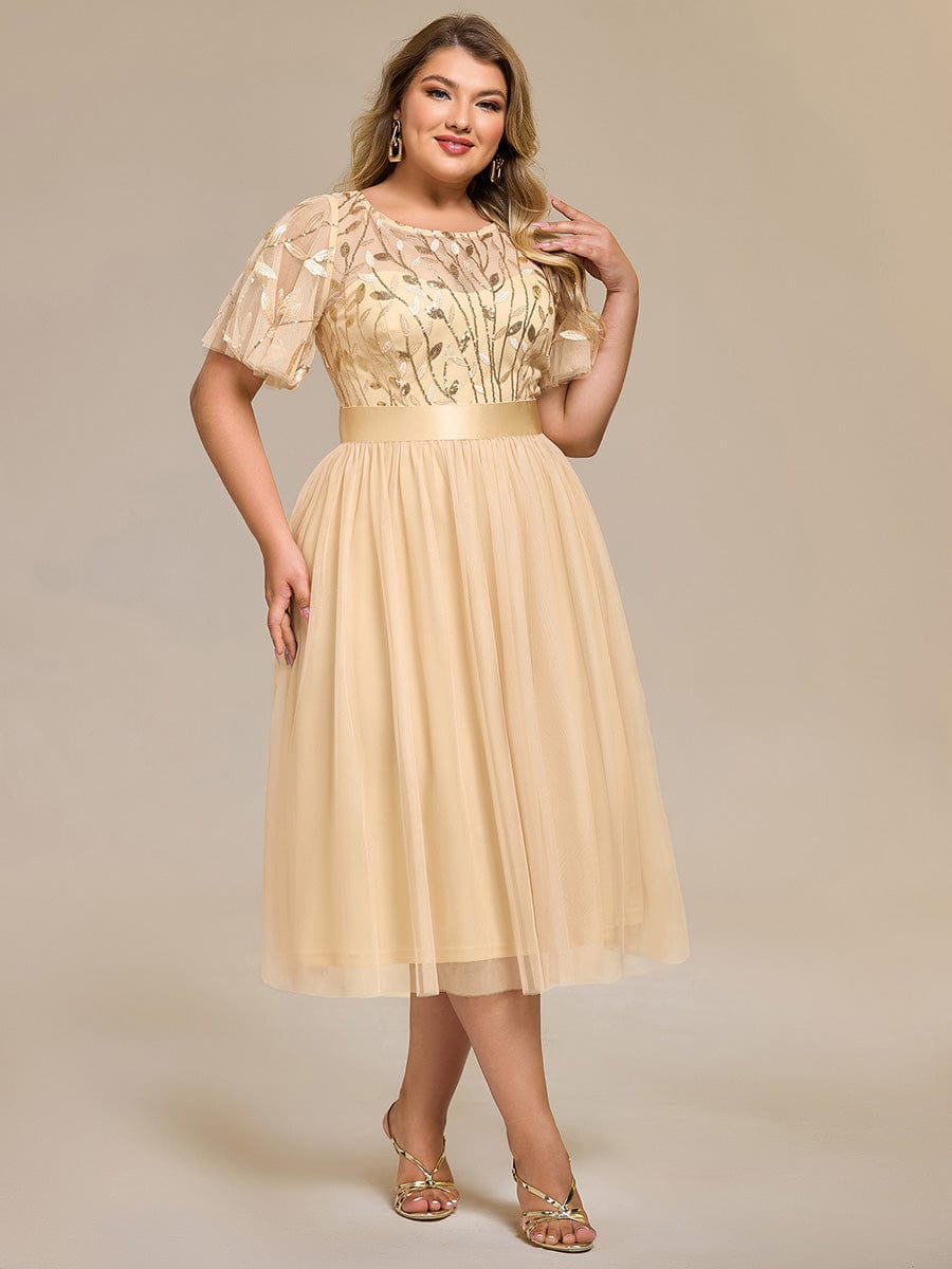 Plus Size Sequin Leaf Midi Evening Dresses #color_Gold