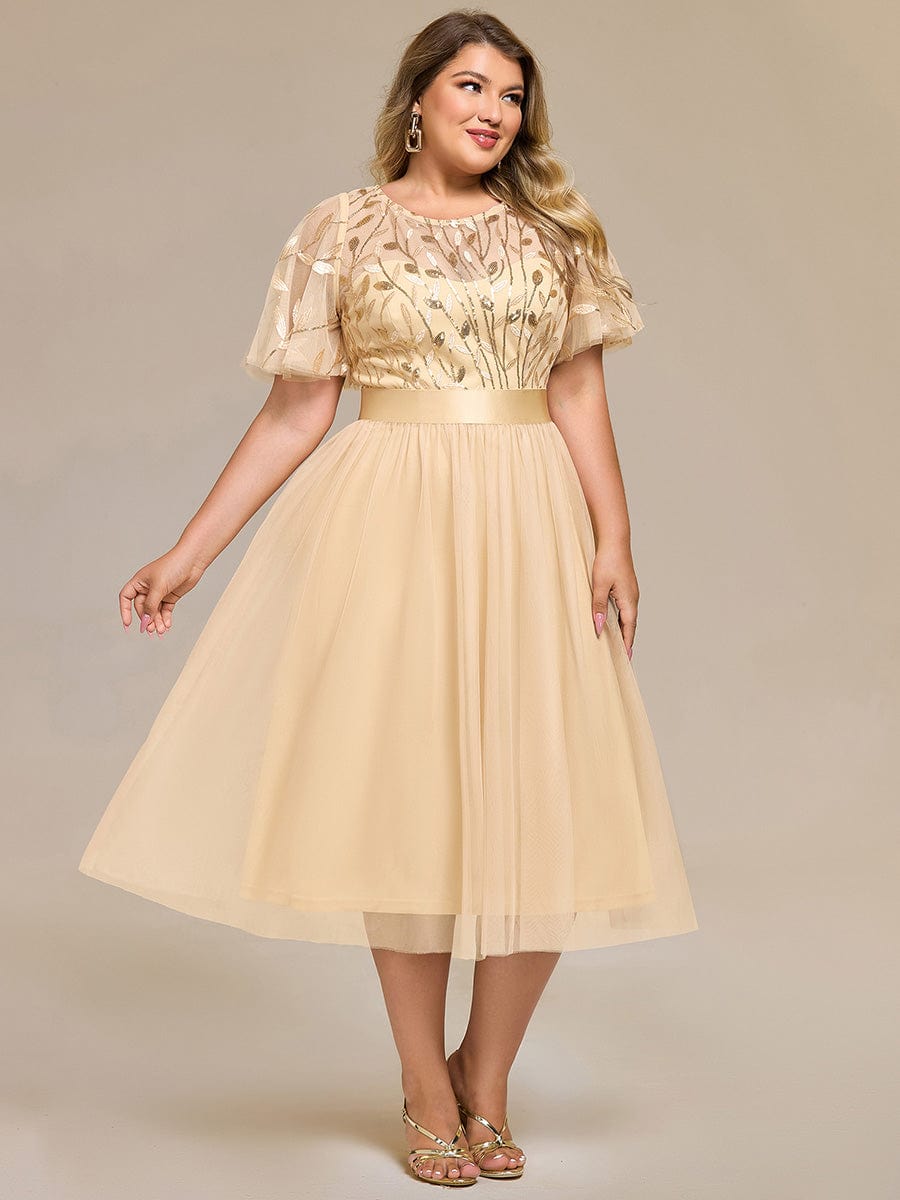 Plus Size Sequin Leaf Midi Evening Dresses #color_Gold