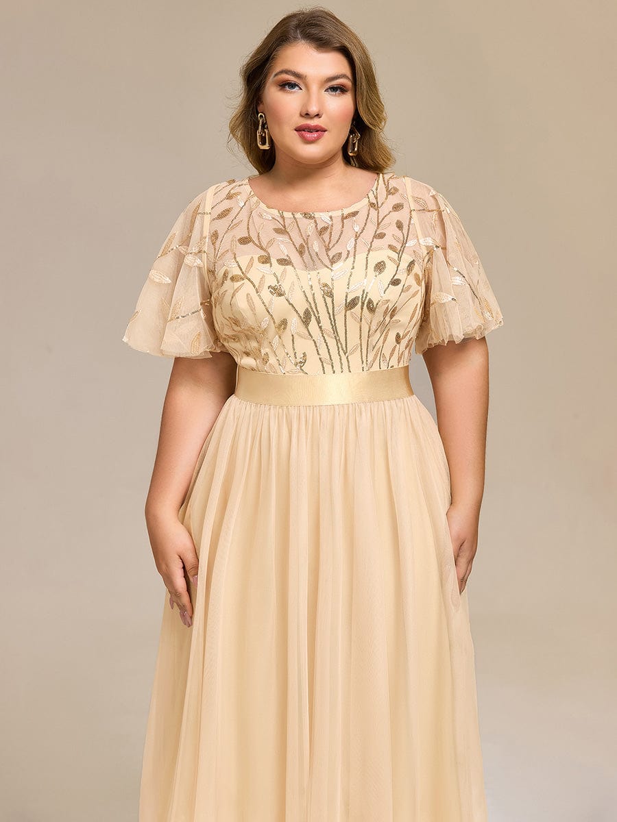 Plus Size Sequin Leaf Midi Evening Dresses #color_Gold