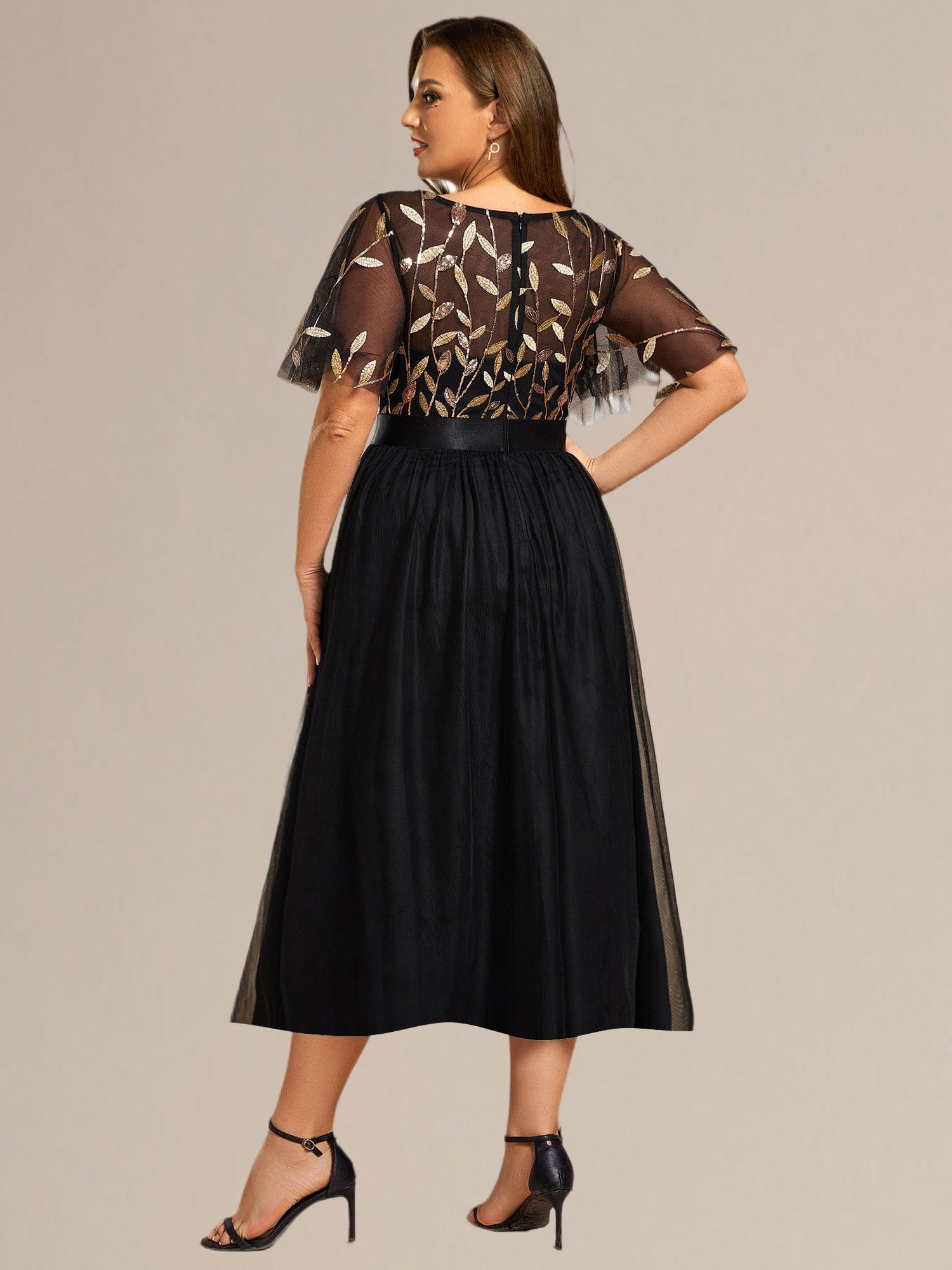 Plus Size Sequin Leaf Midi Evening Dresses #color_Black Gold