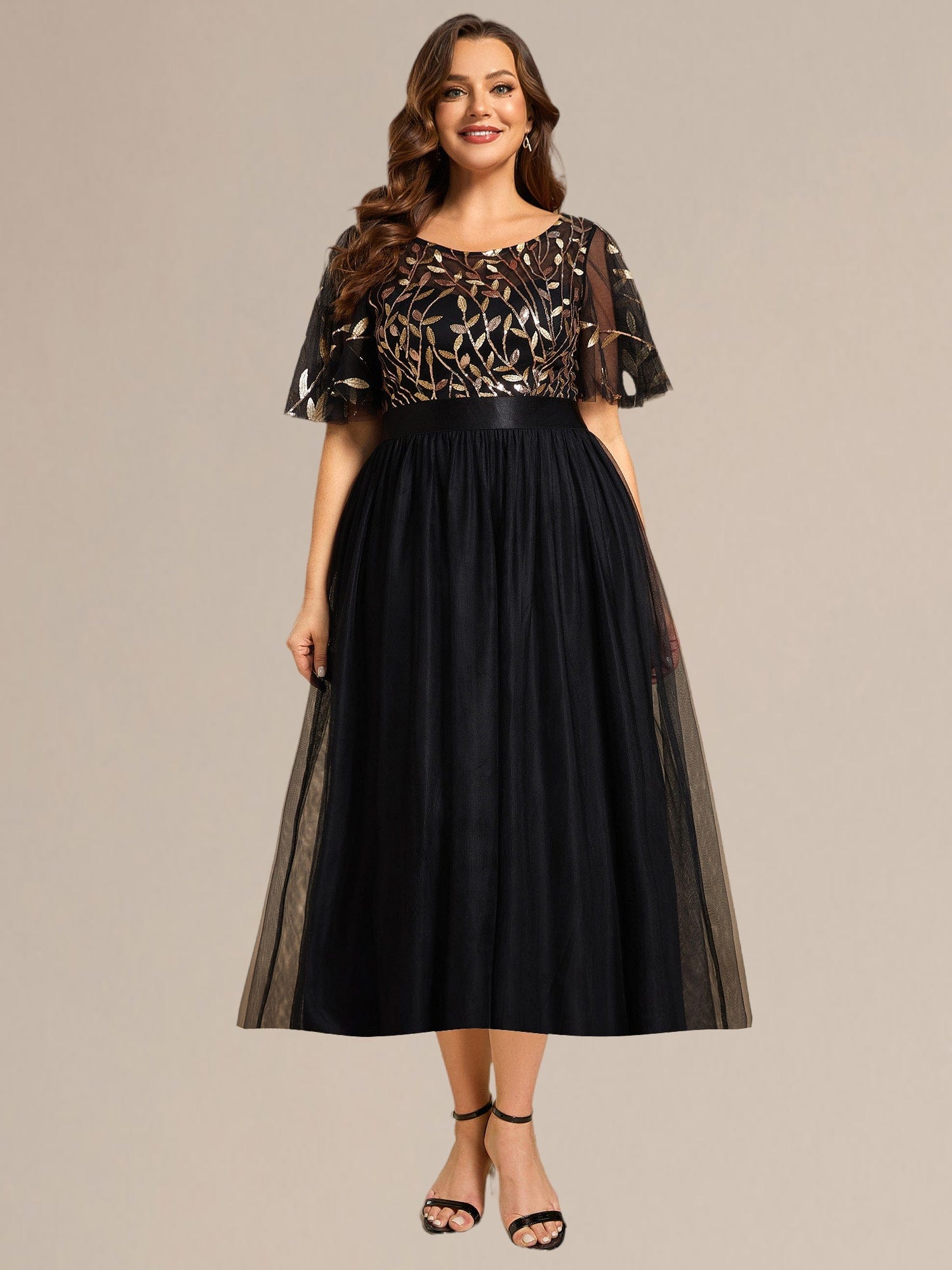 Plus Size Sequin Leaf Midi Evening Dresses #color_Black Gold