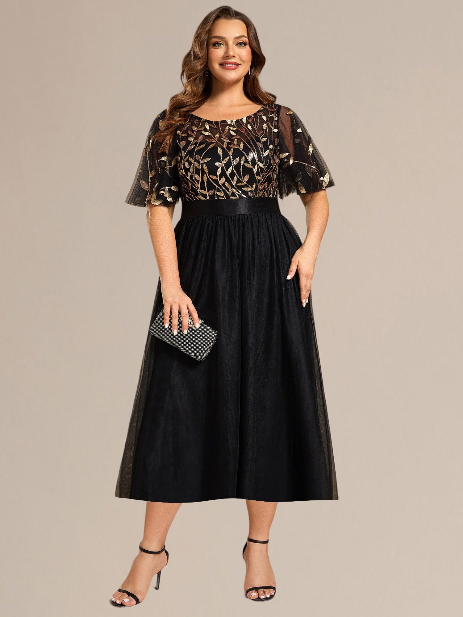 Plus Size Sequin Leaf Midi Evening Dresses #color_Black Gold